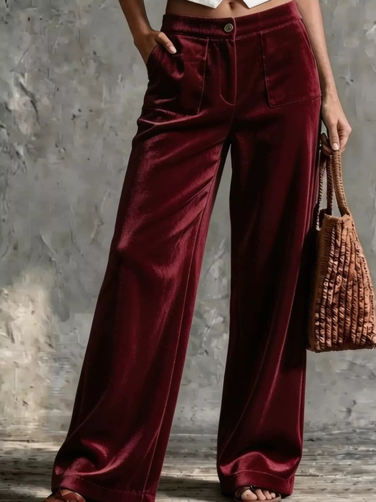 Wine Red high-waisted wide-leg velvet pocket pants
