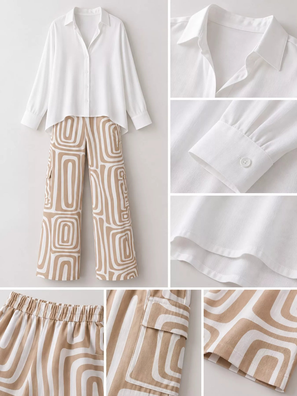 Shirt and geometric pants set, beige collar cuff waistband and hem details