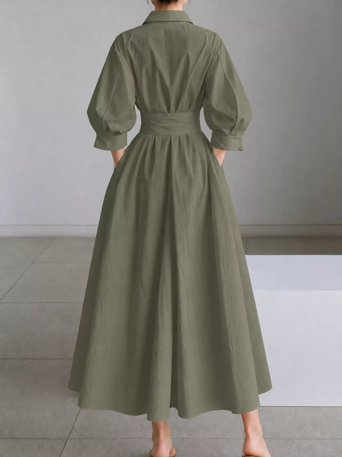 Collared Three-Quarter Sleeve Midi Shirt Dress — back view