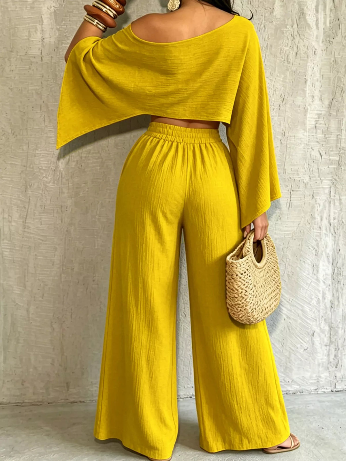 Women's Boat Neck Crop Top and Wide-Leg Pants Set in yellow — front view
