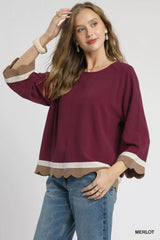 Trendsi Umgee Scalloped Hem Color Block Top -
