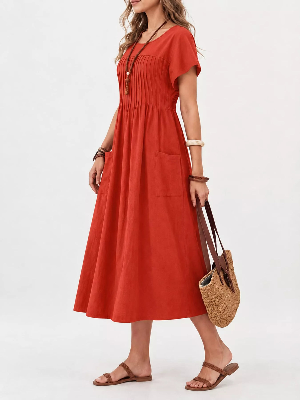 Pleated Midi Dress with Pockets in rust