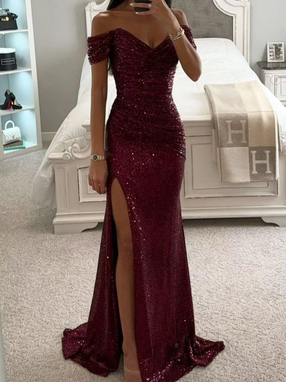 Off-shoulder short sleeve maxi dress, front view on model