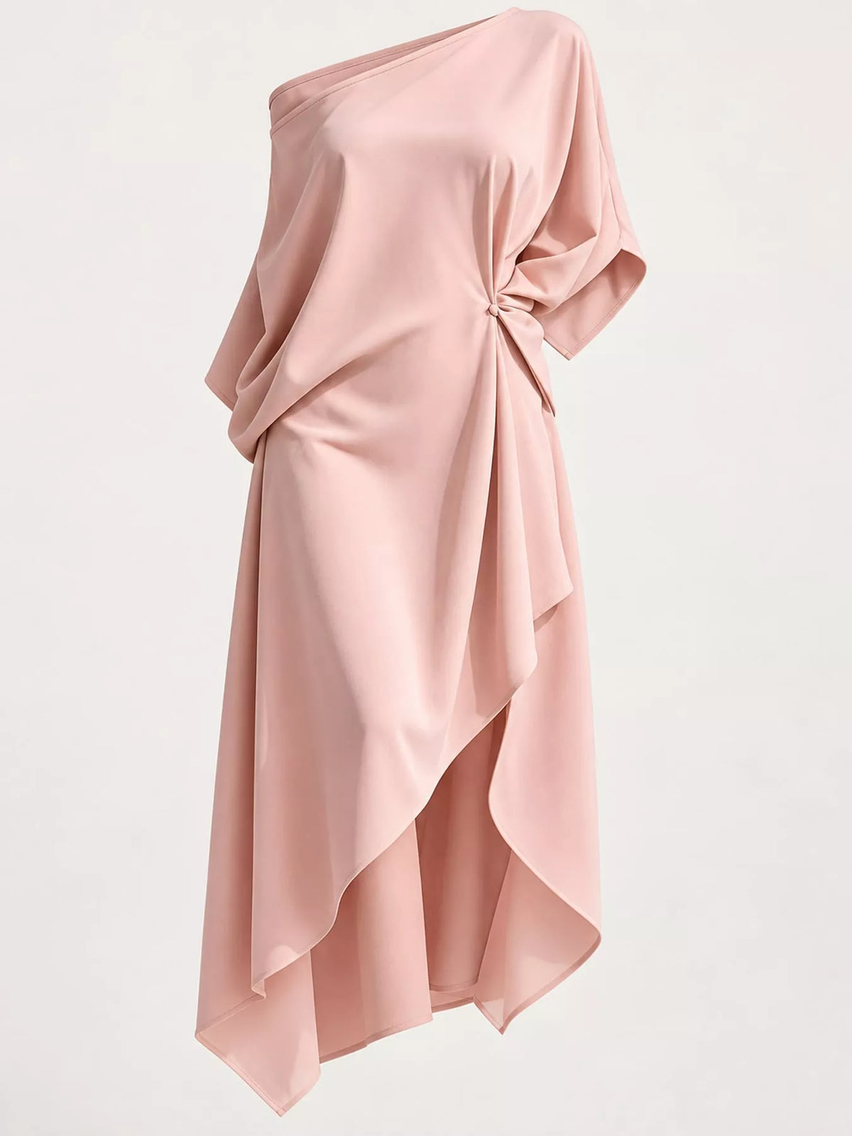 One-shoulder dress, pink ruched hem detail