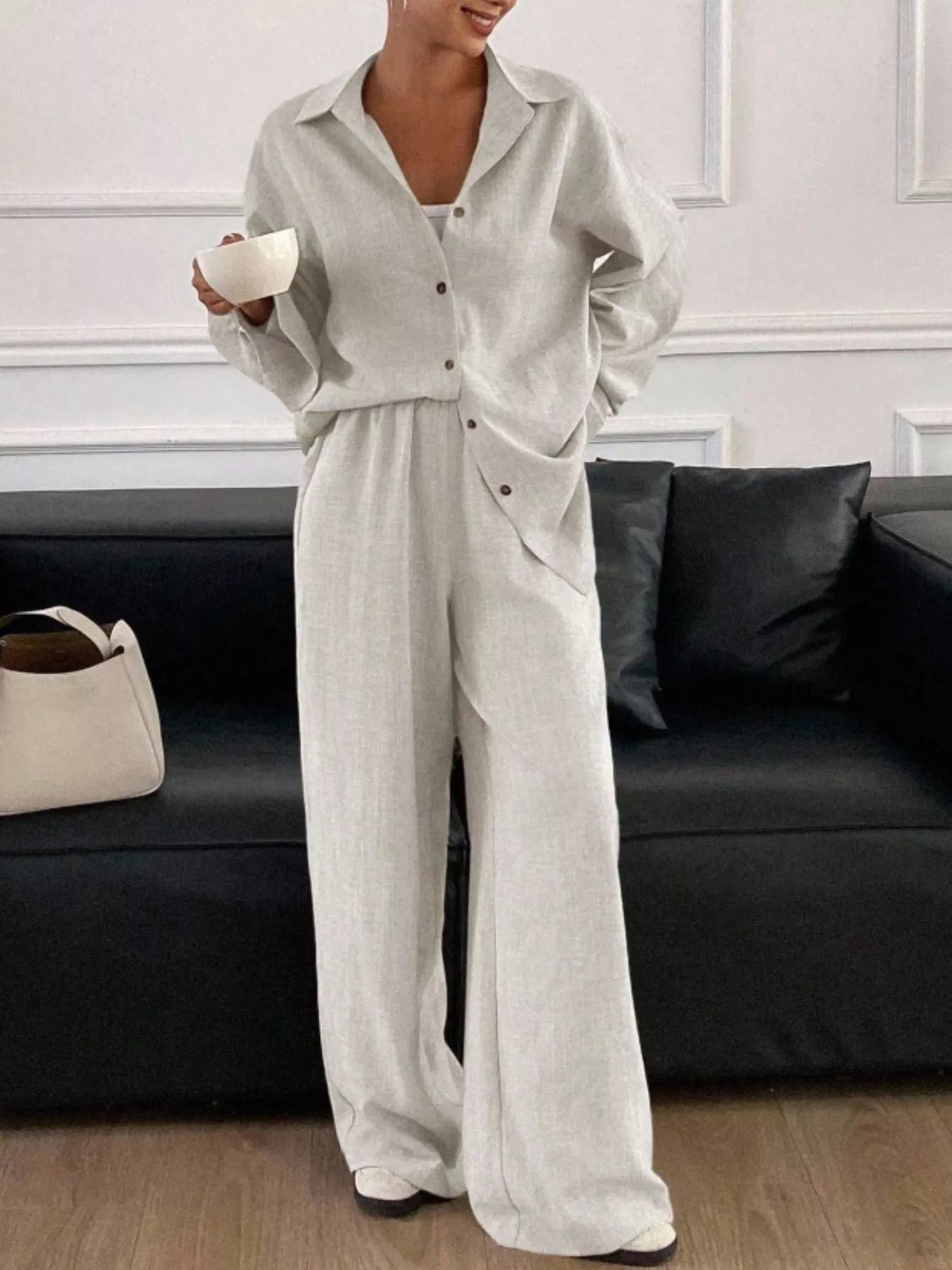 Trendsi Button Up Long Sleeve Shirt and Wide Leg Pants Set -