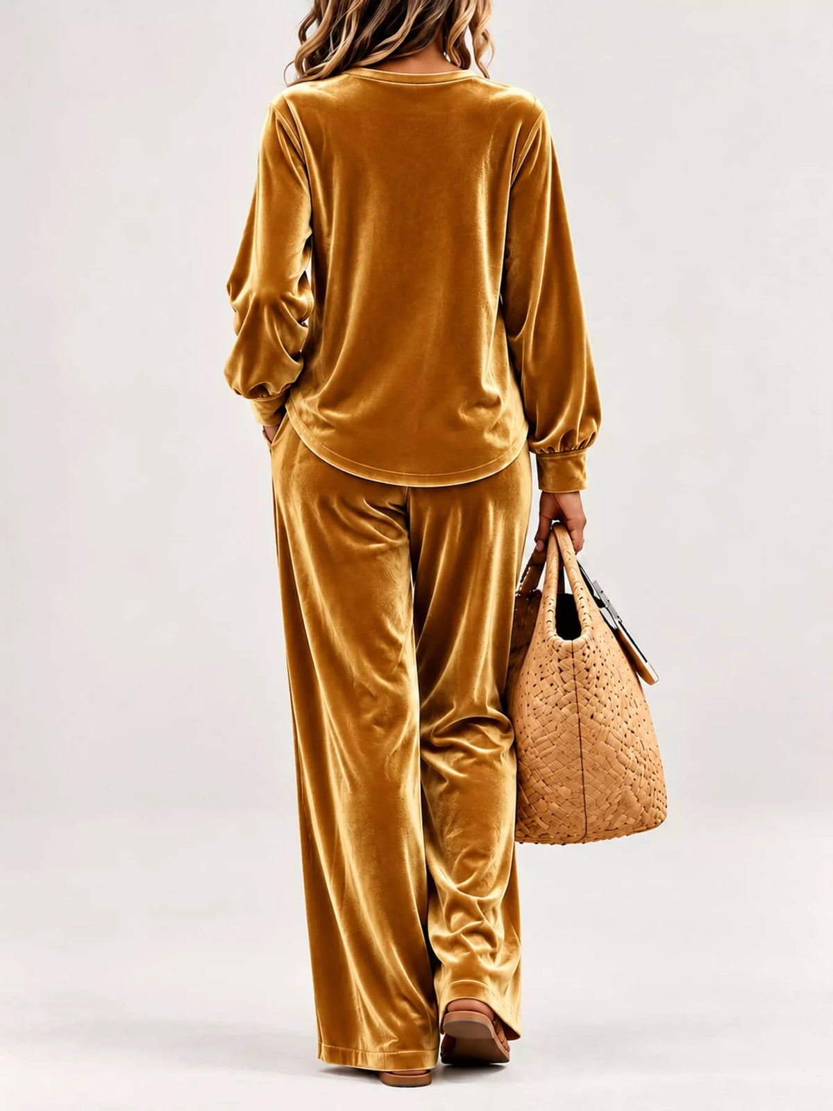 Gold decorative button top and pants set — back view
