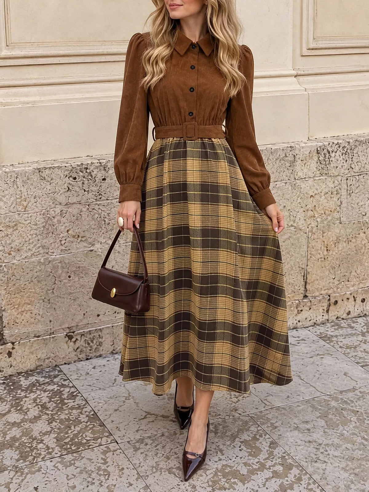 Corduroy Patchwork Plaid Midi Dress — front view