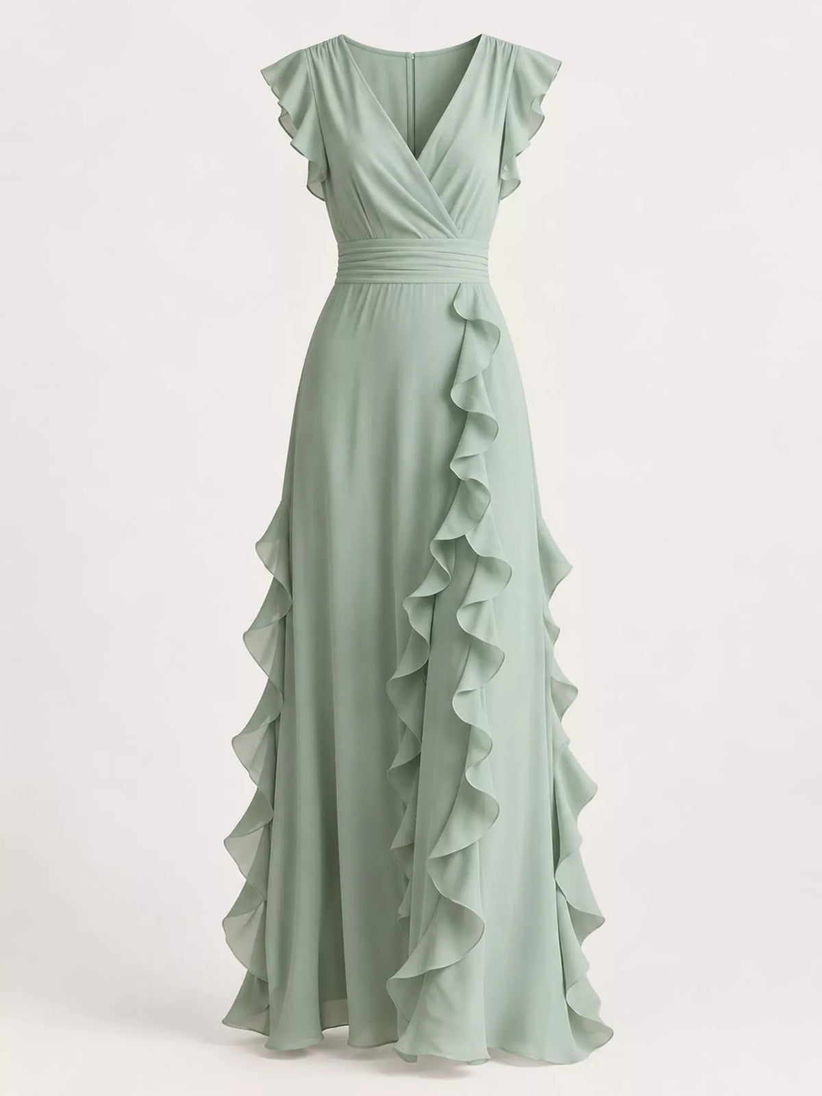 Sage green ruffled surplice maxi dress, front product view