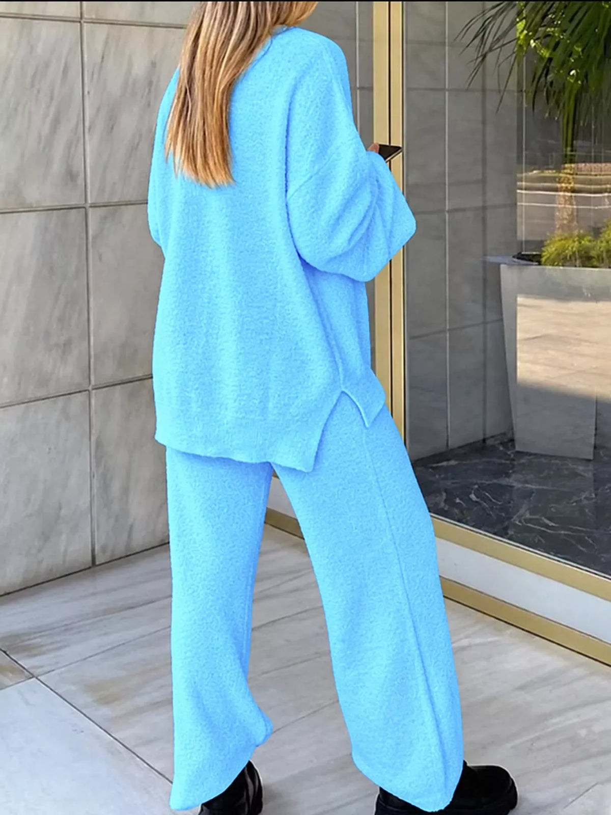 V-Neck Top and Wide Leg Pants Lounge Set, back view in light blue