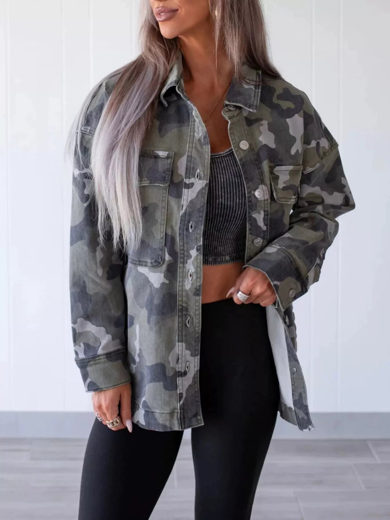 Trendsi Camouflage Print Button Up Denim Jacket -