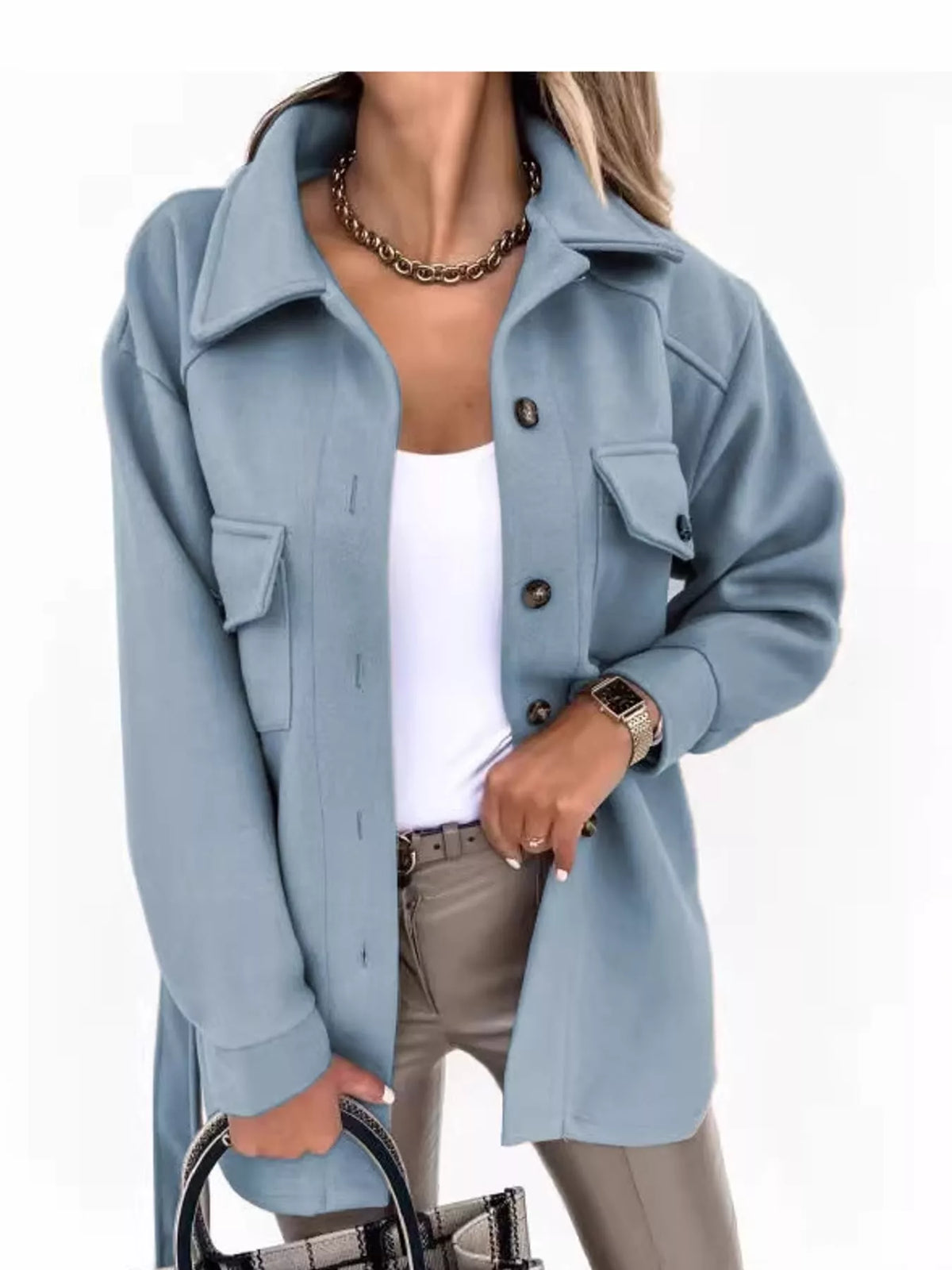 Belted Button-Down Shirt Jacket — front view