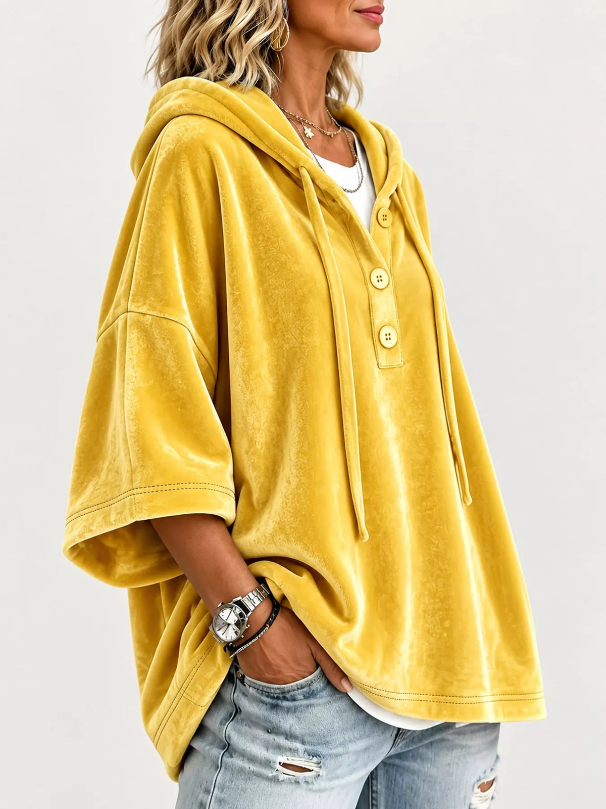 Velvet Button Hoodie in yellow, side view