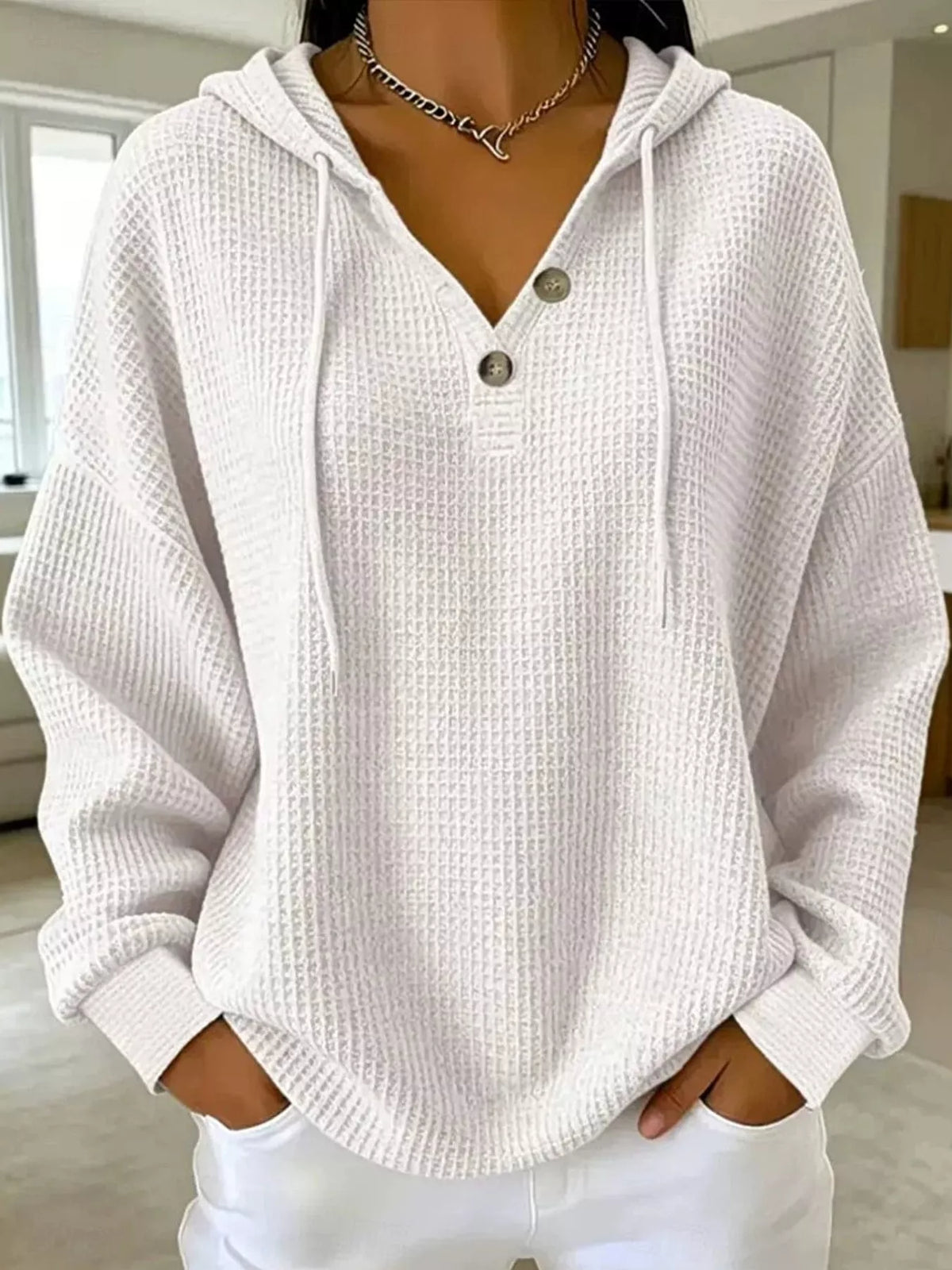 Waffle-knit hoodie, white front