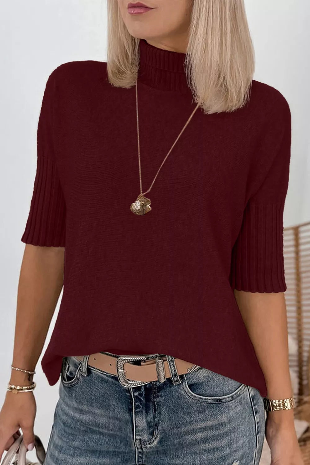 Women's Mock Neck Half Sleeve Ribbed Sweater in Burgundy, front view