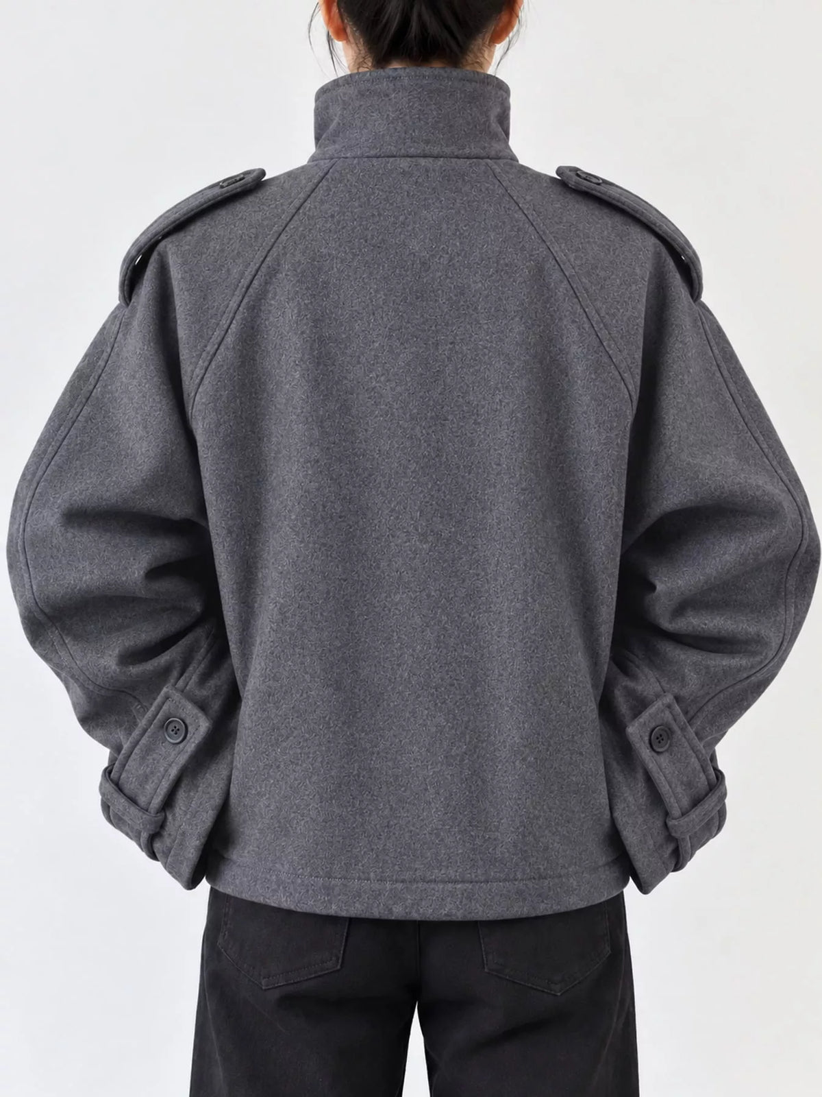 Gray zip-up stand-collar jacket — back view