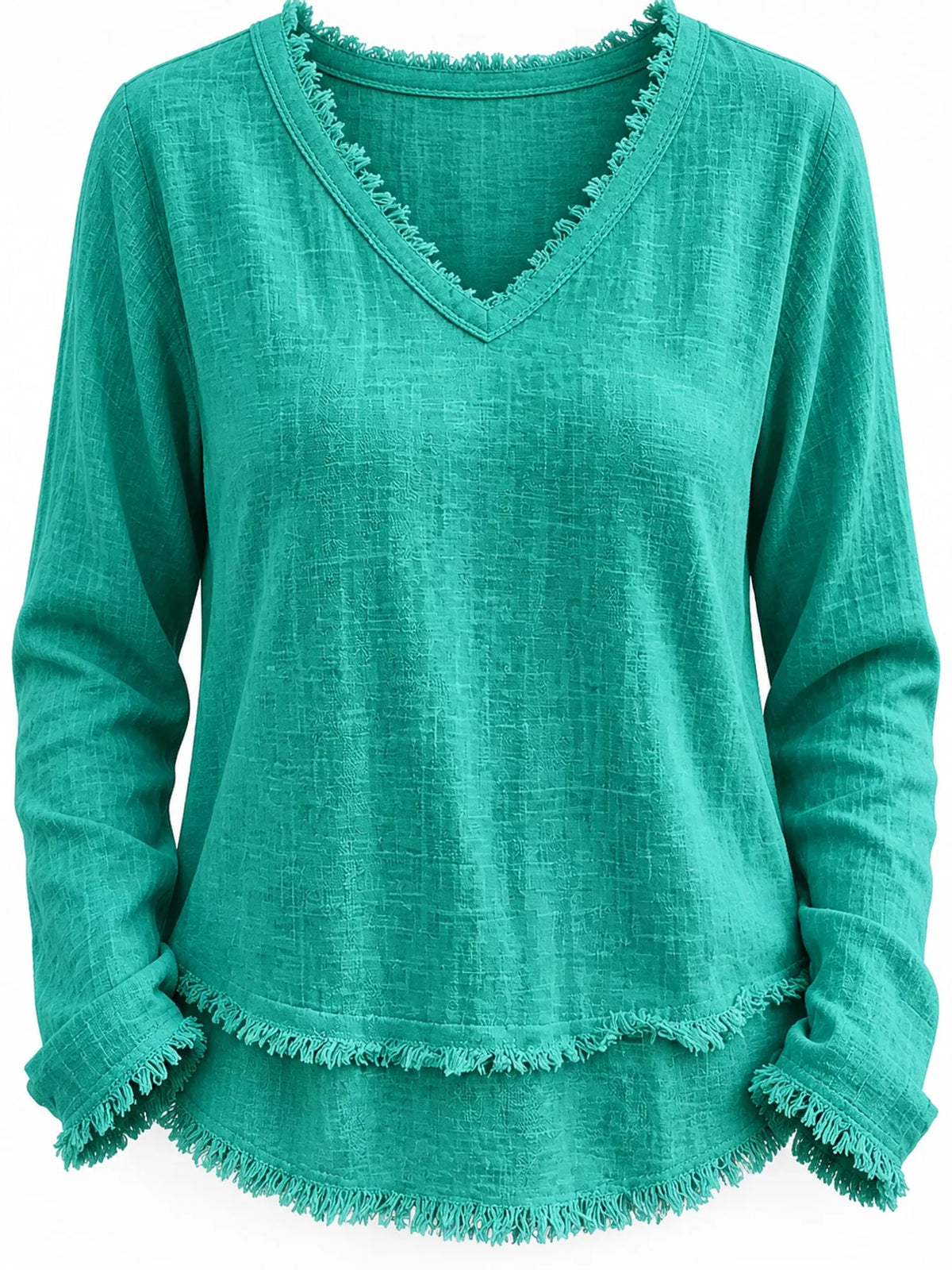 Frayed V-neck blouse, teal detail