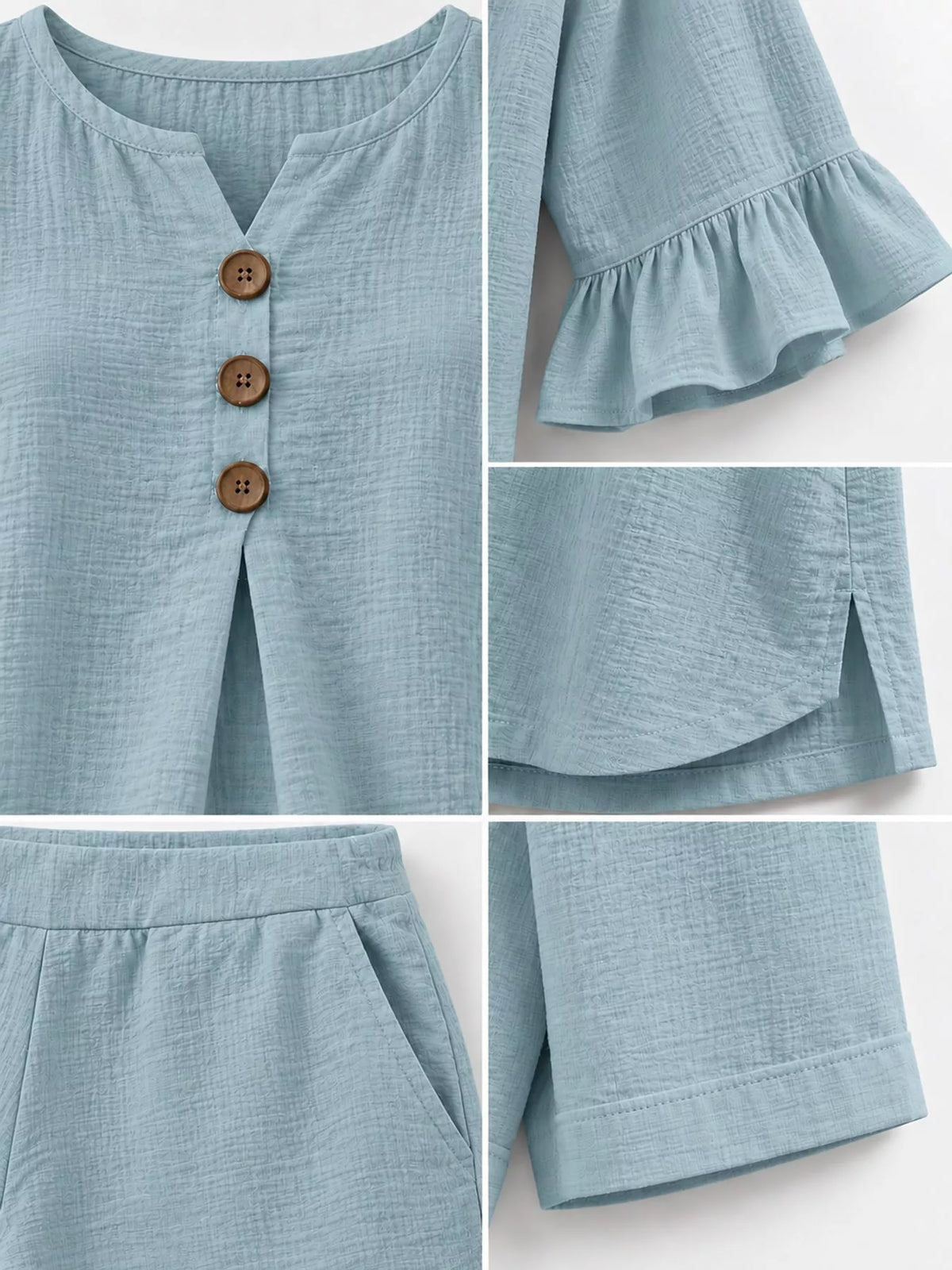 Decorative Button Blouse and Shorts Set, detail view in light blue