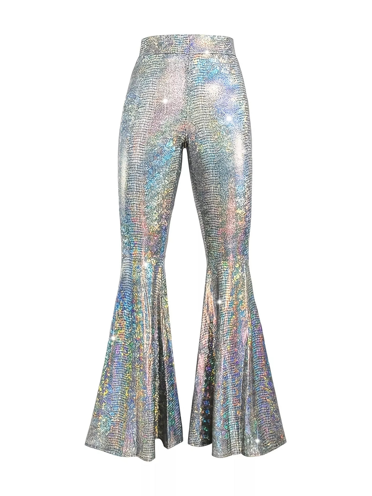 Iridescent silver high-waisted flare pants — back view