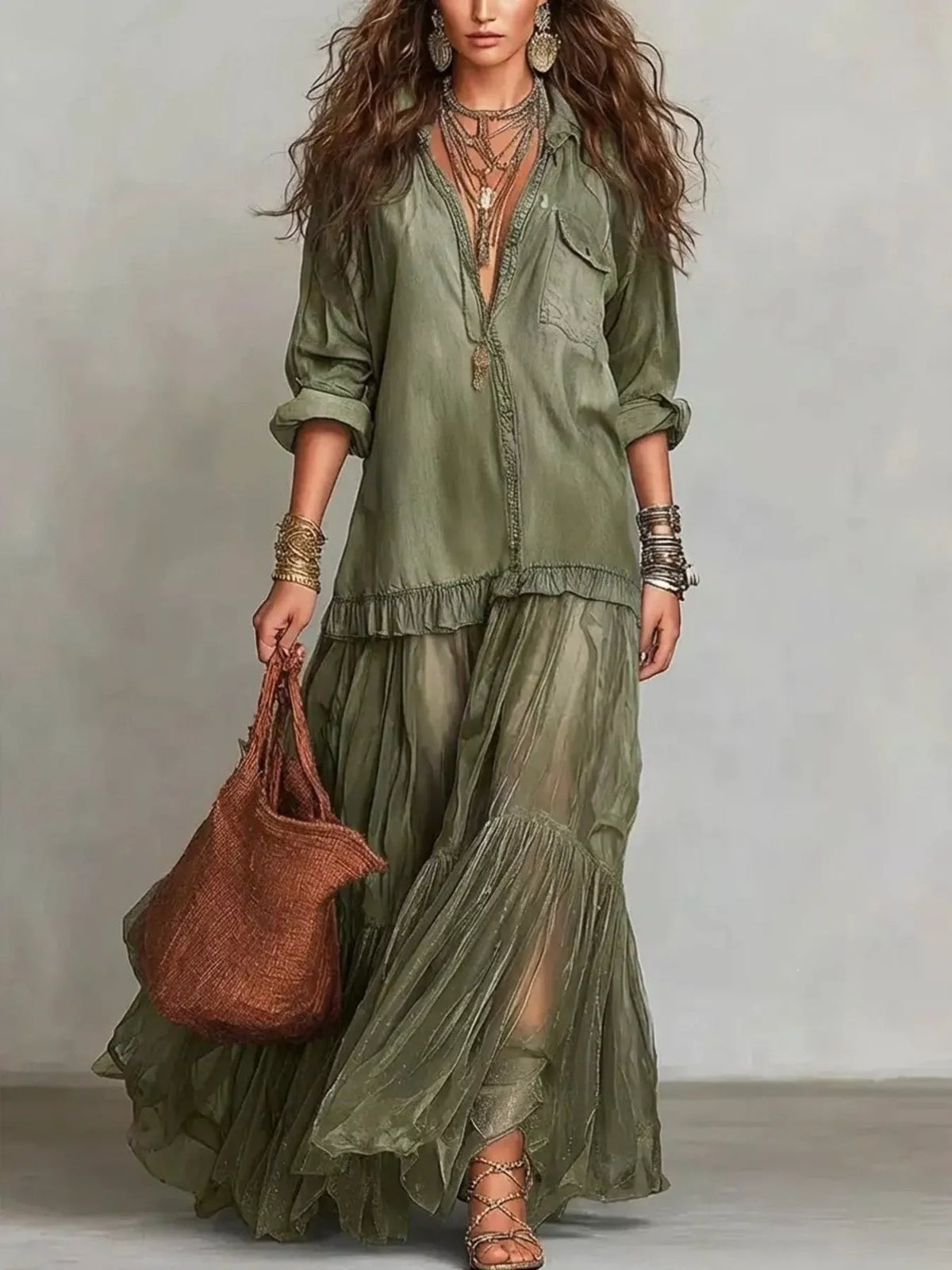 Green sheer tiered long sleeve maxi dress — front view