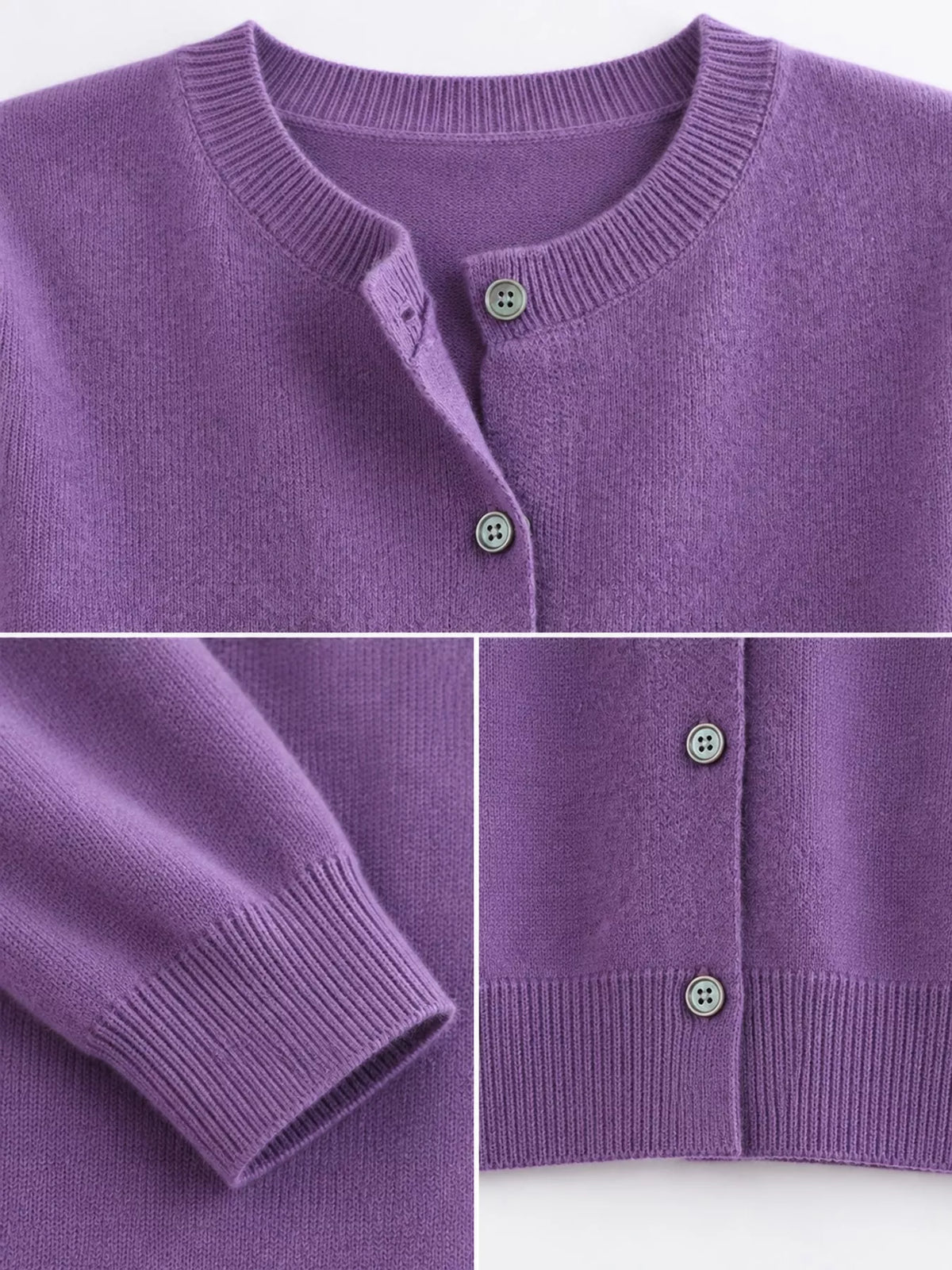 Purple crew neck button-front cardigan, knit details