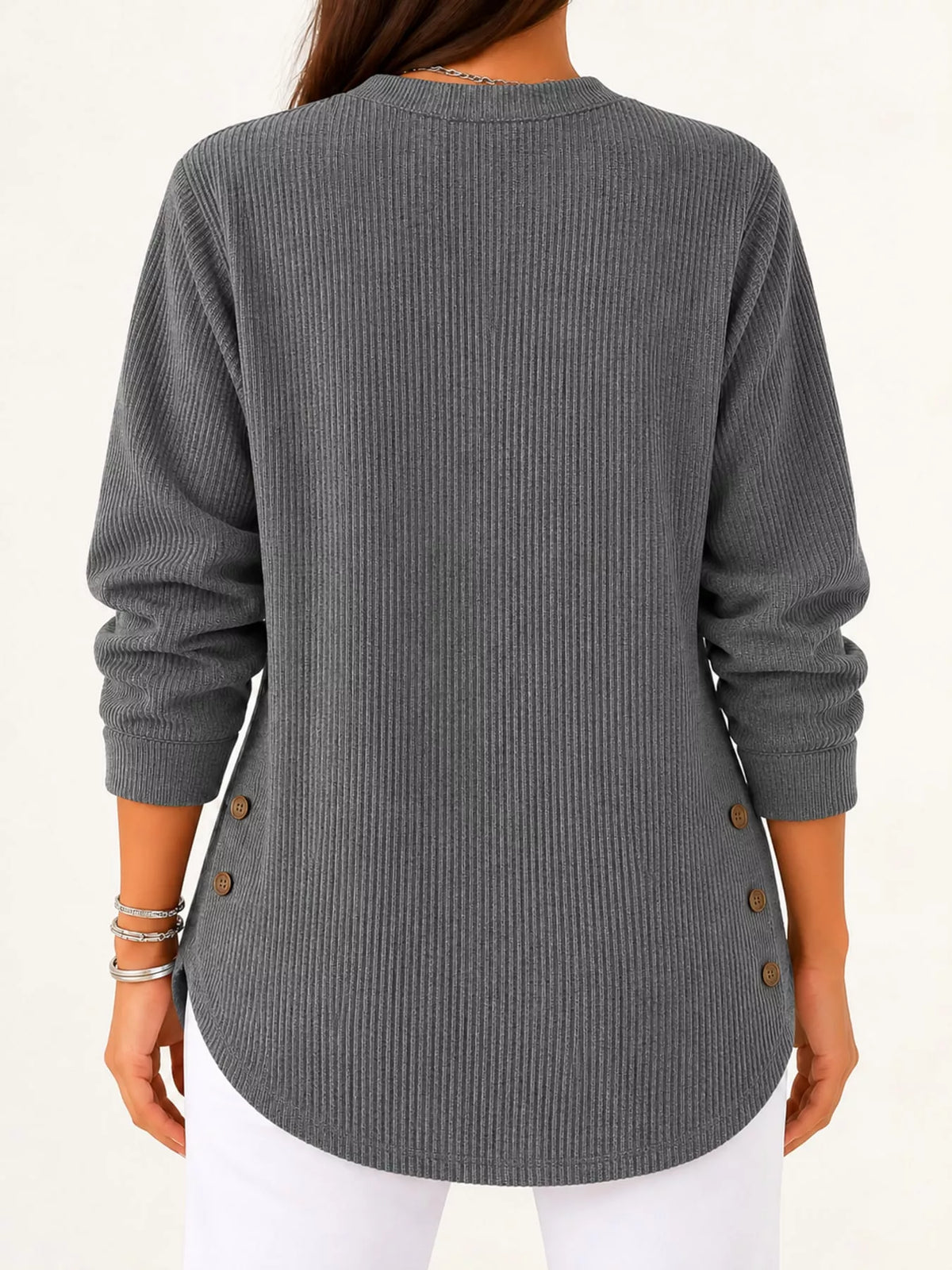 Gray button detail long sleeve top, back view