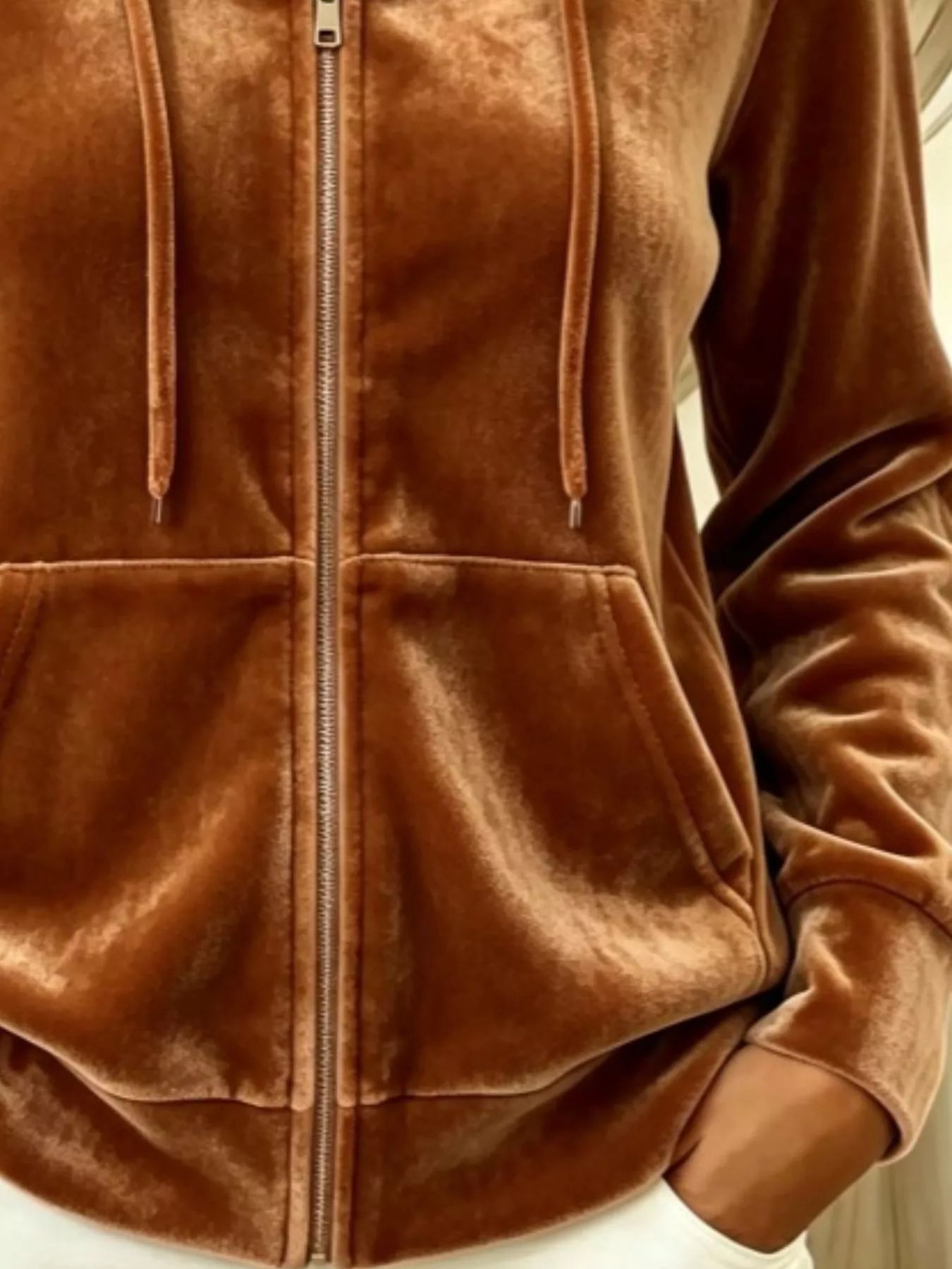 Trendsi Full Size Velvet Zip-Up Hoodie with Drawstring Plus Size -