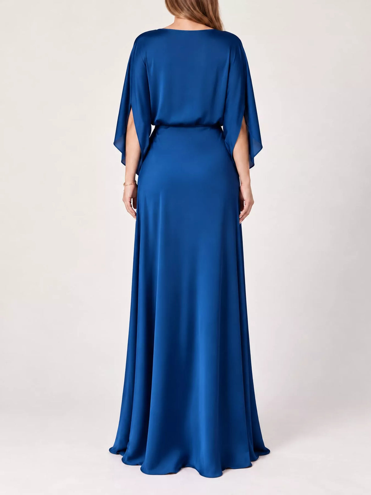 Blue satin cape sleeve maxi dress, back view