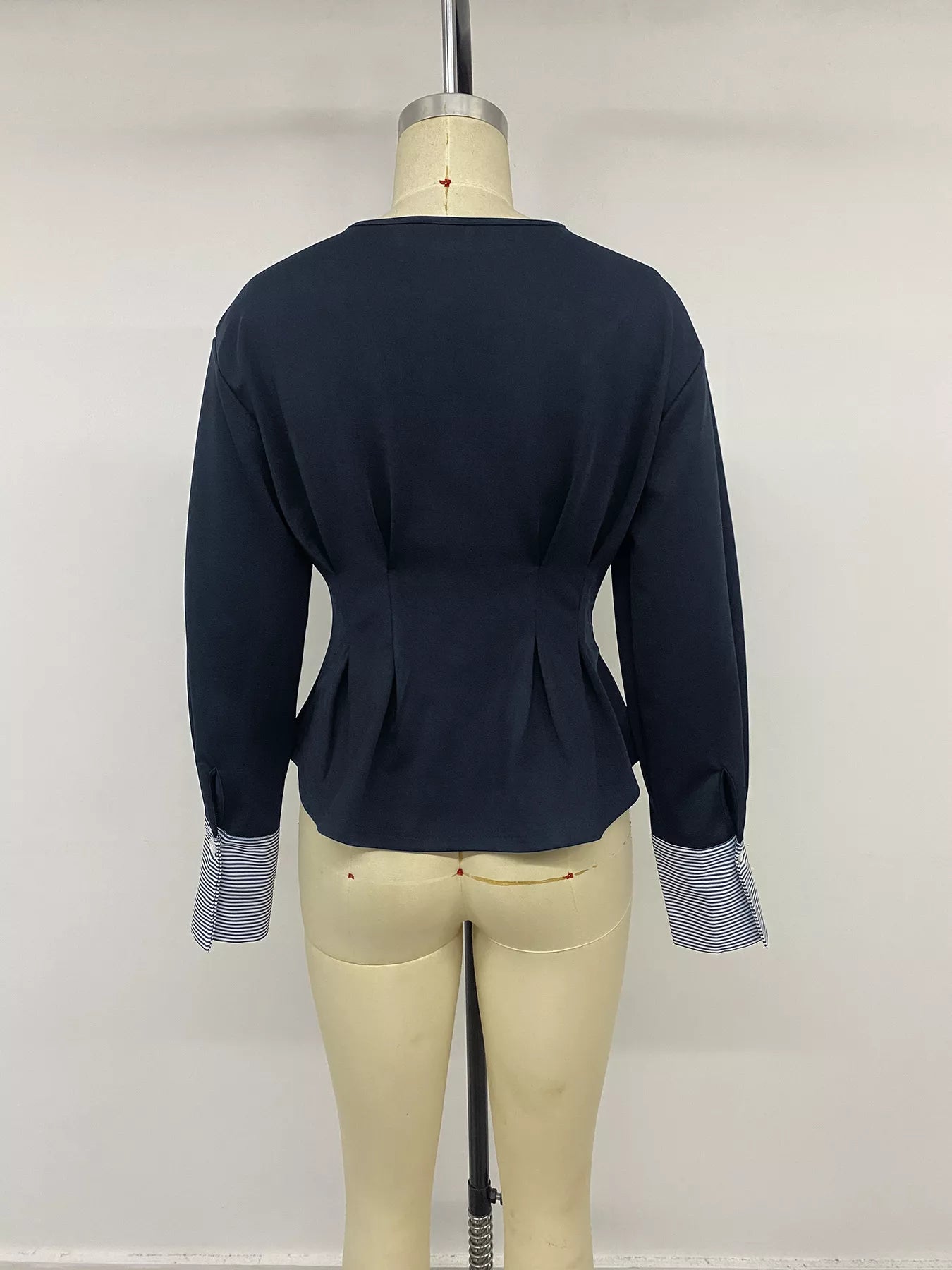 Trendsi Round Neck Peplum Top with Striped Cuffs -