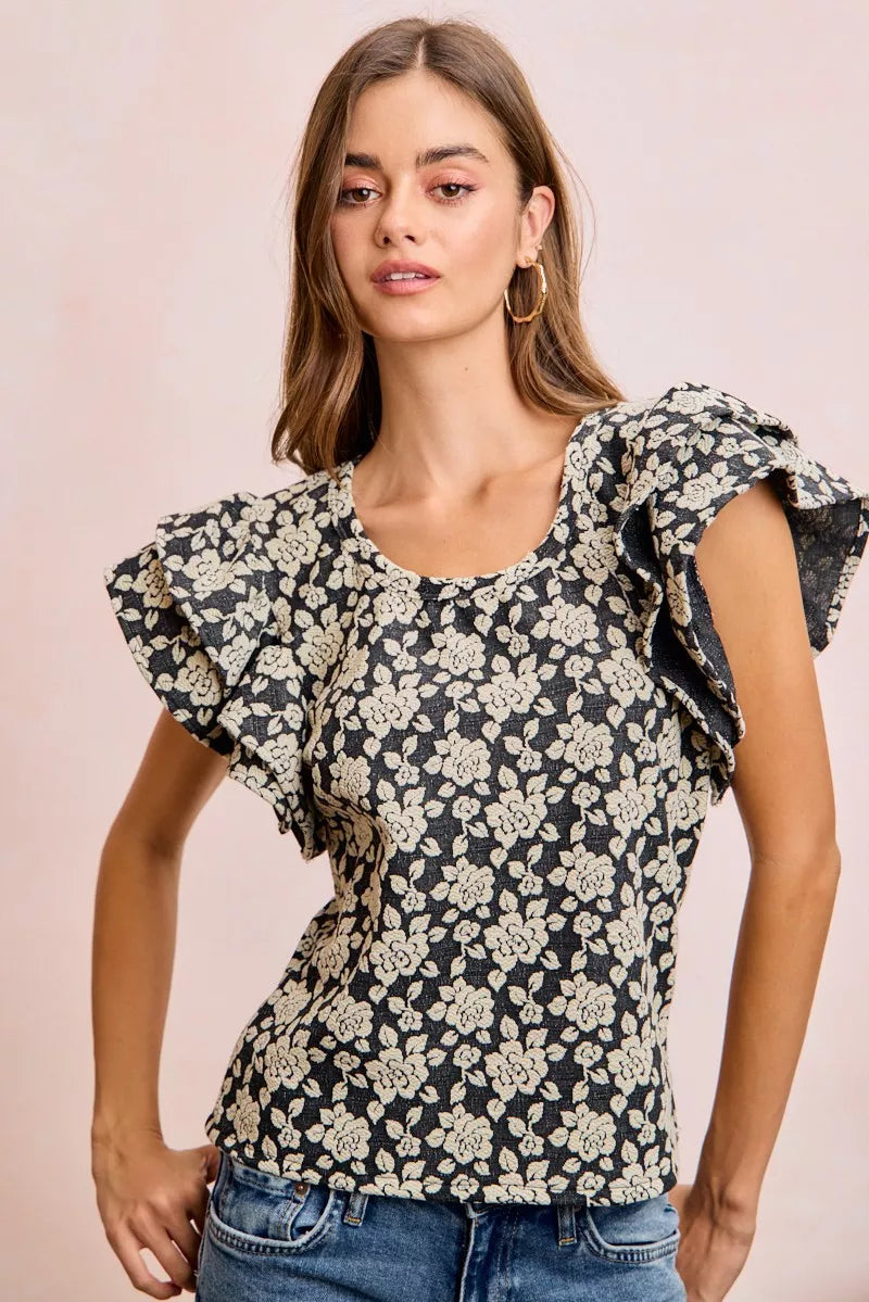 Women's floral jacquard knit top with ruffle sleeves - product view 8