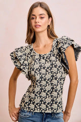 Trendsi BiBi Floral Jacquard Ruffle Sleeves Knit Top -