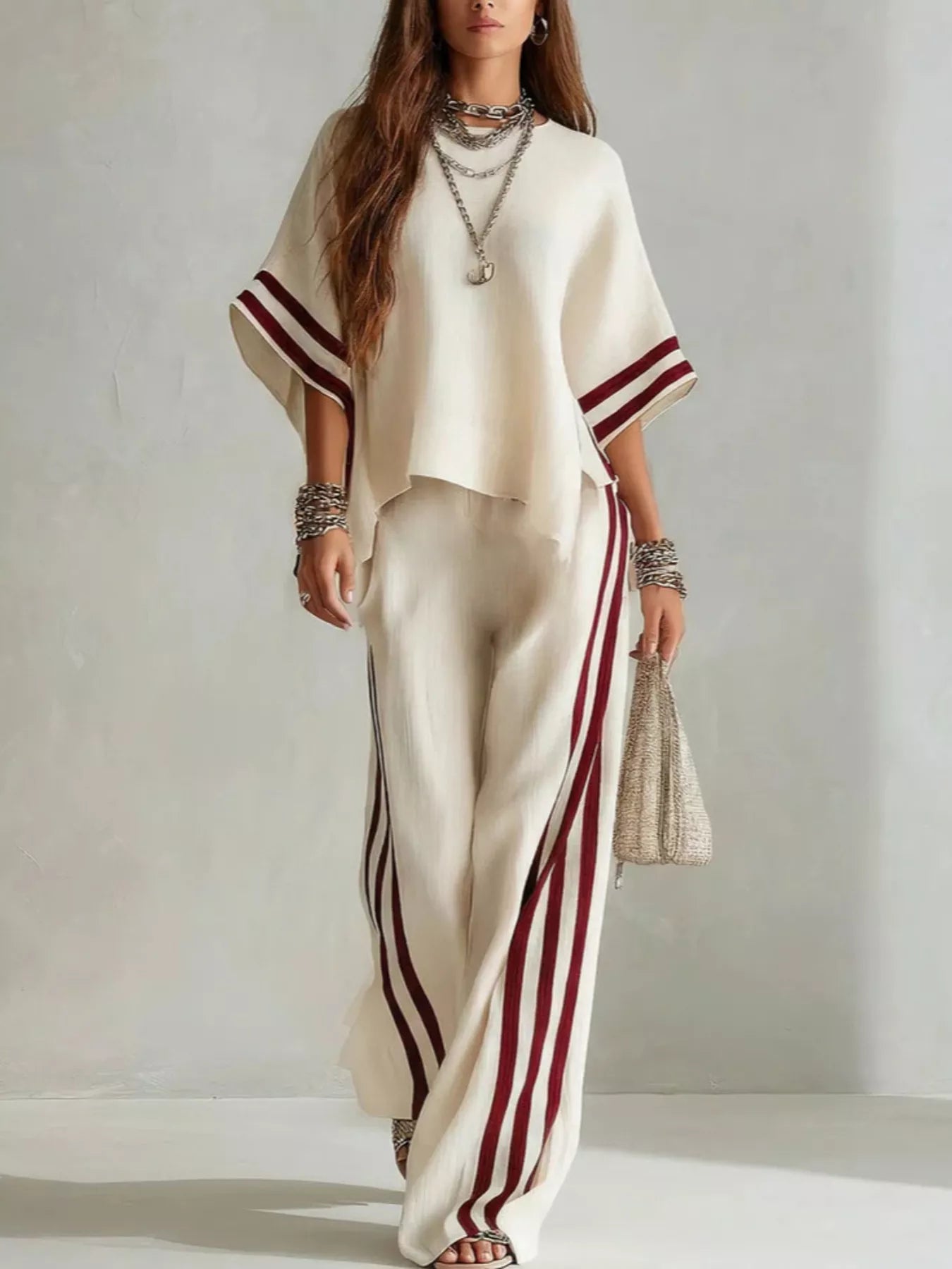 Trendsi Full Size Striped 3/4 Sleeve Top and Pants Set Plus Size -