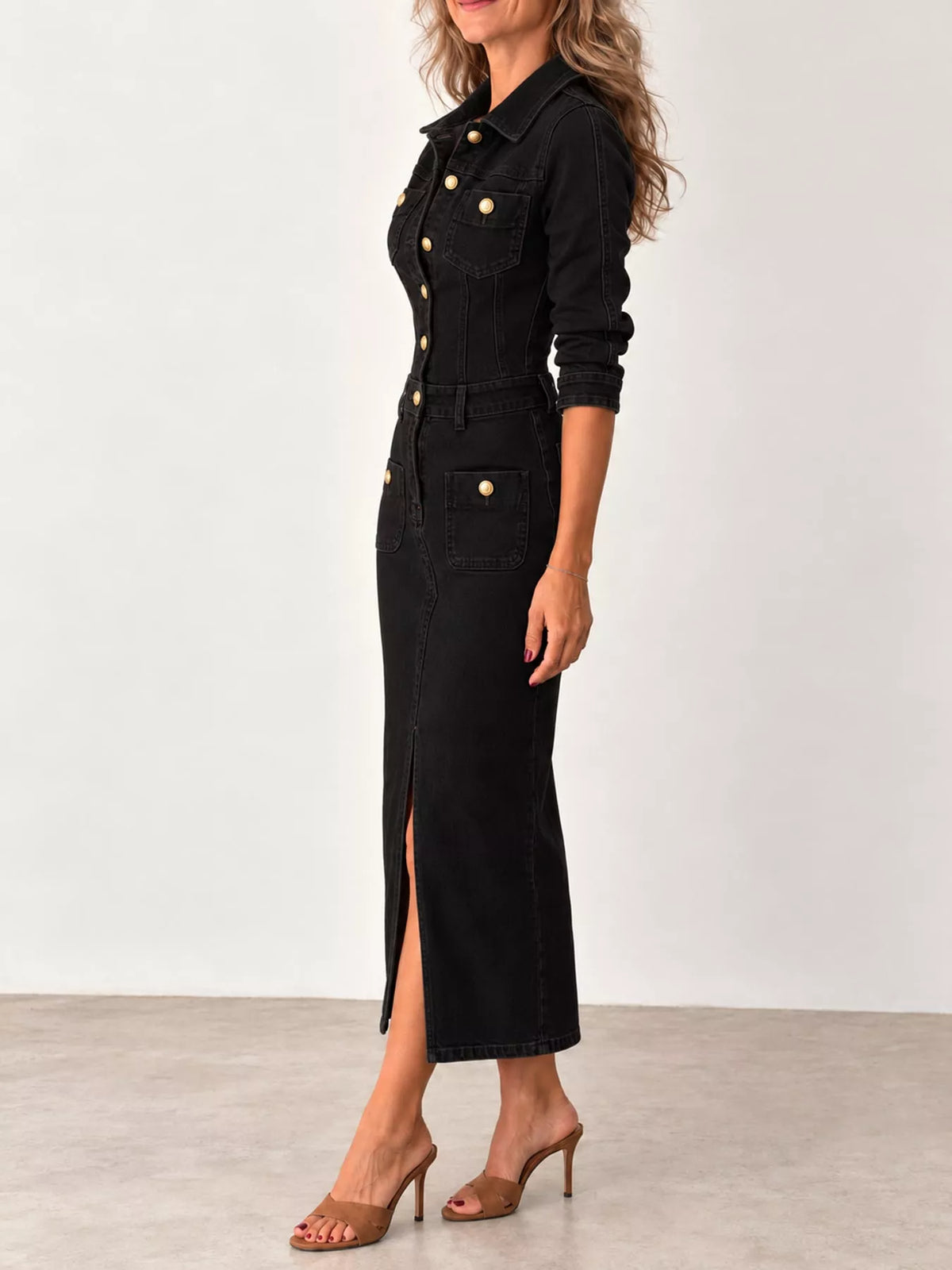 Black button front slim fit denim midi dress, side view