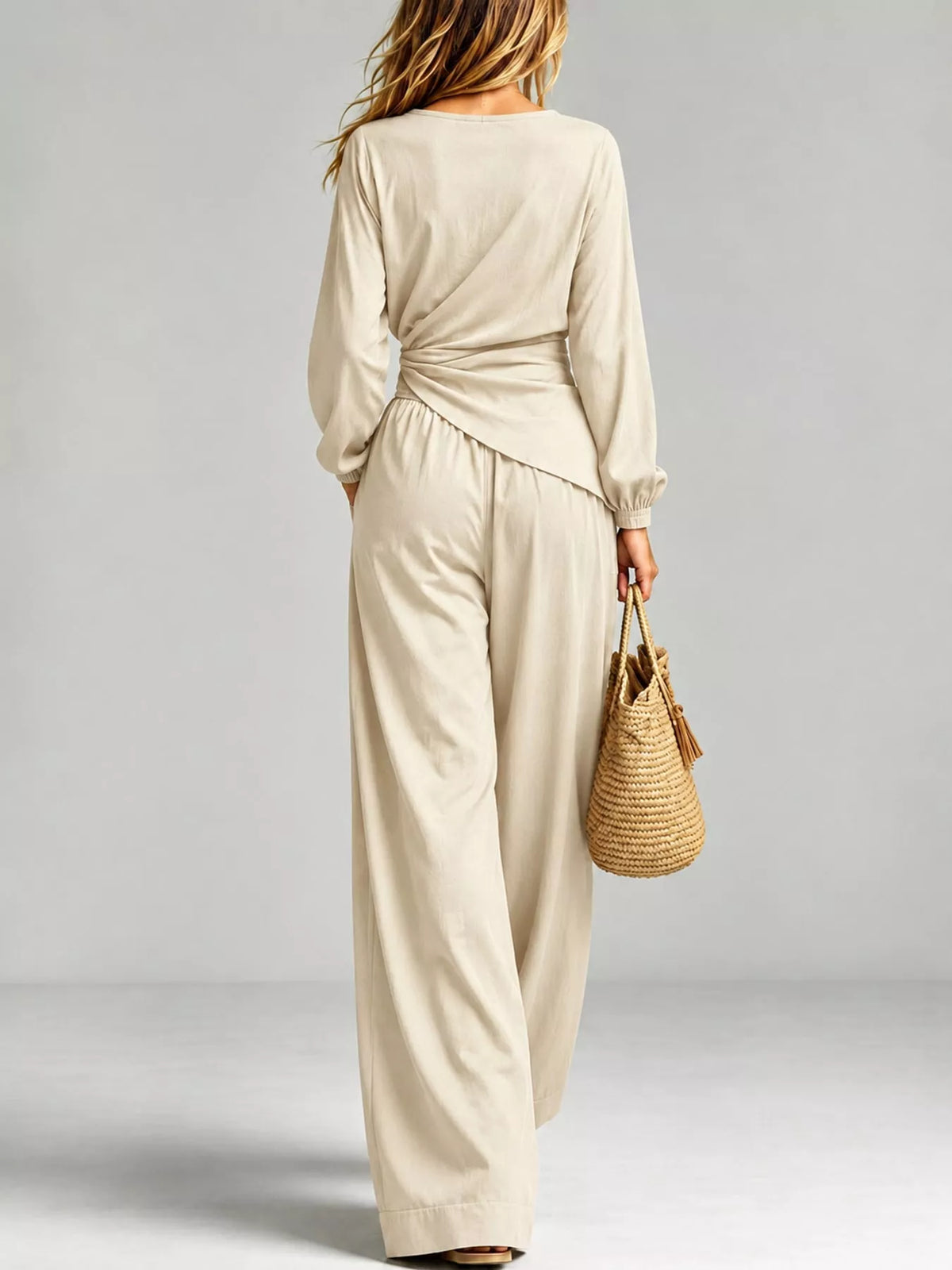 V-Neck Long Sleeve Top and Wide-Leg Pants Set — back view
