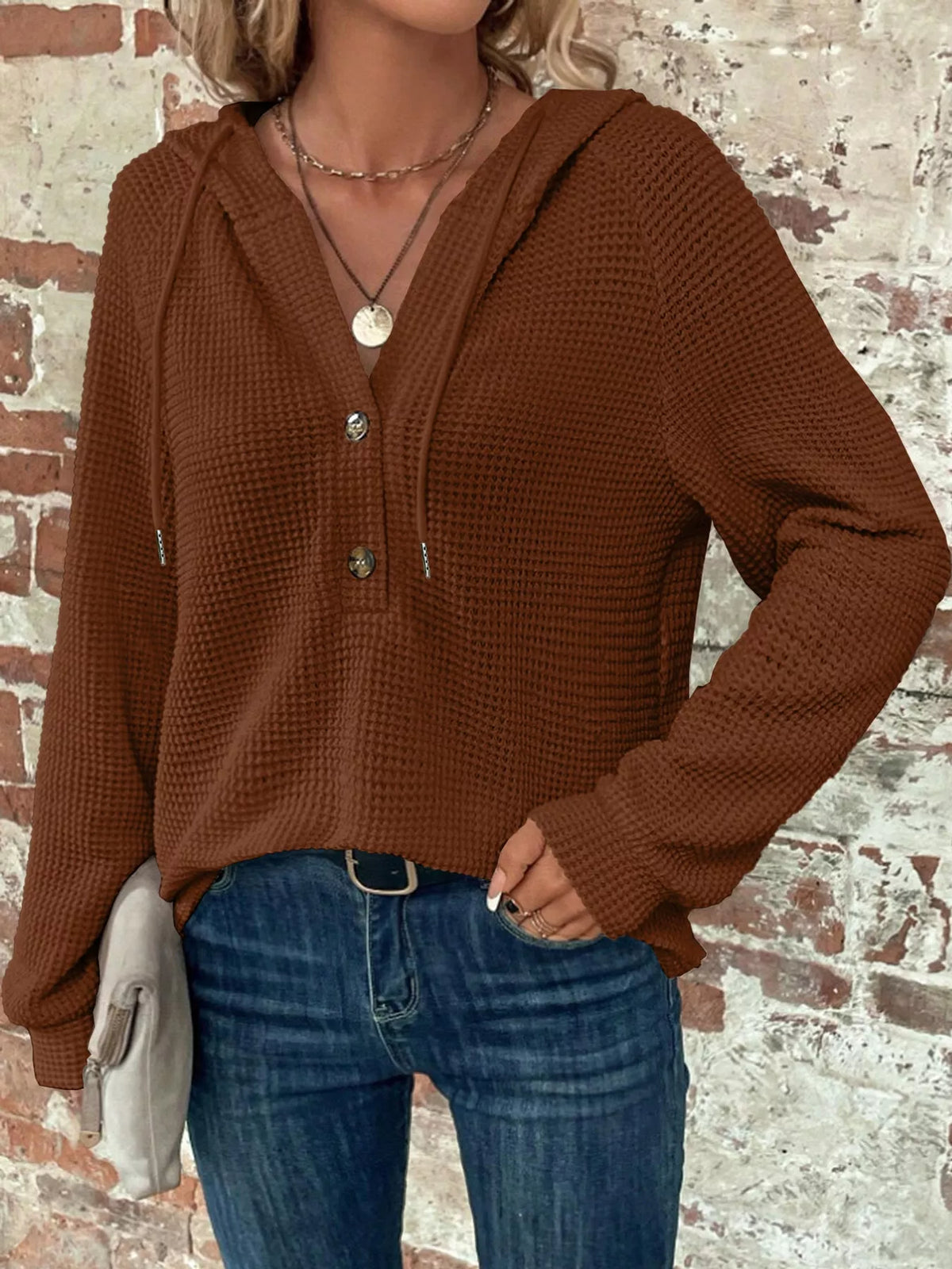 Brown waffle knit button-detail hoodie