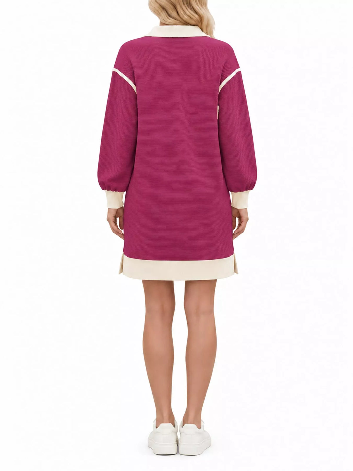 Purple color block quarter-zip sweatshirt dress — back view