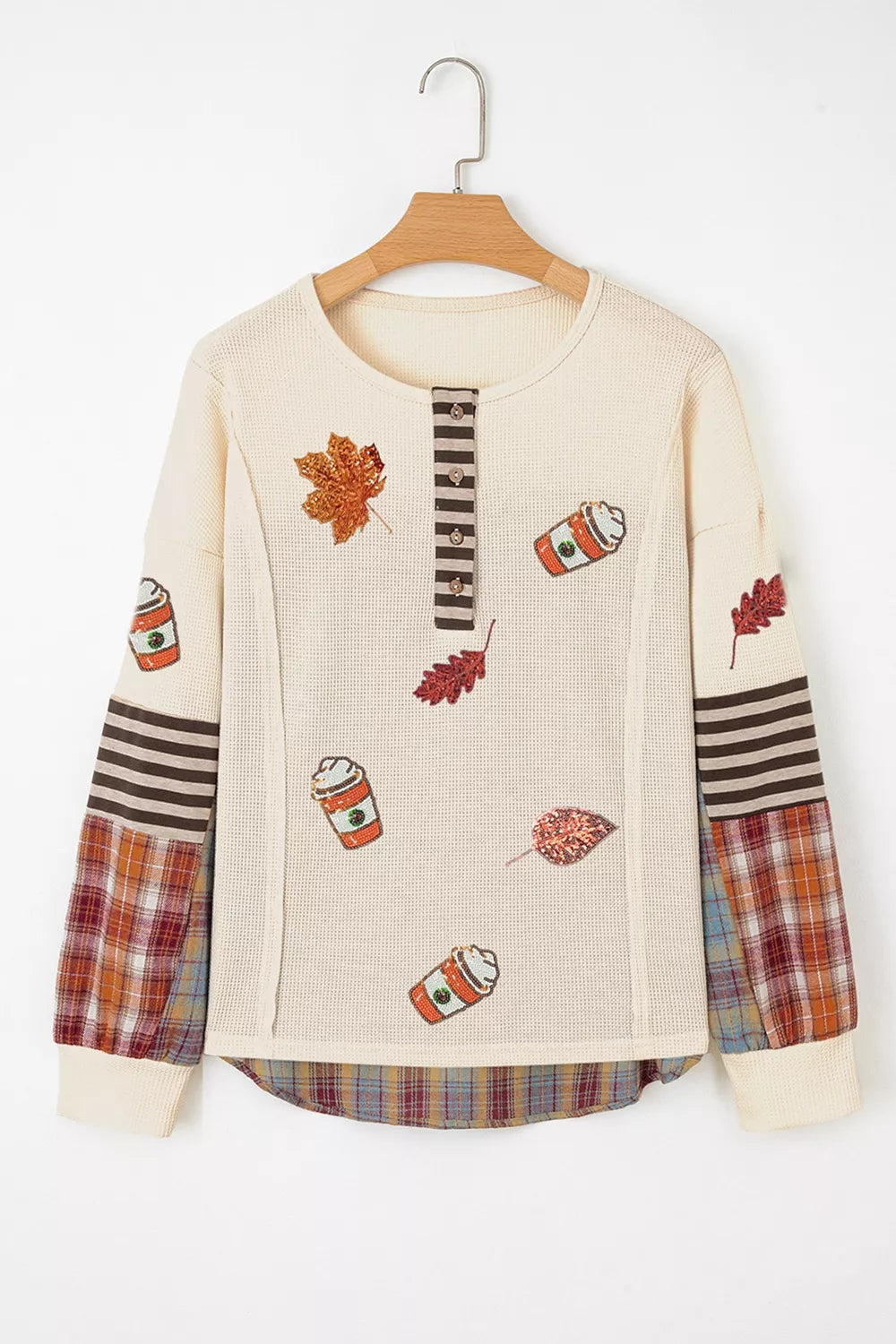 Trendsi Sequin Autumn Leaf & Coffee Cup Waffle Knit Top -
