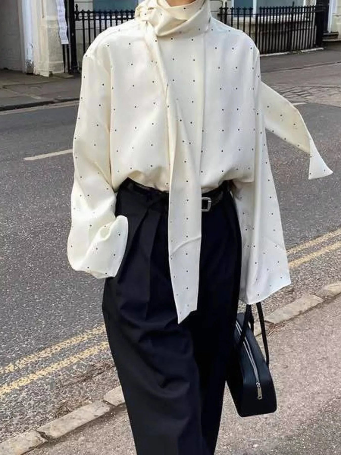 Trendsi Polka Dot Silk Blouse with Scarf Neck Tie -