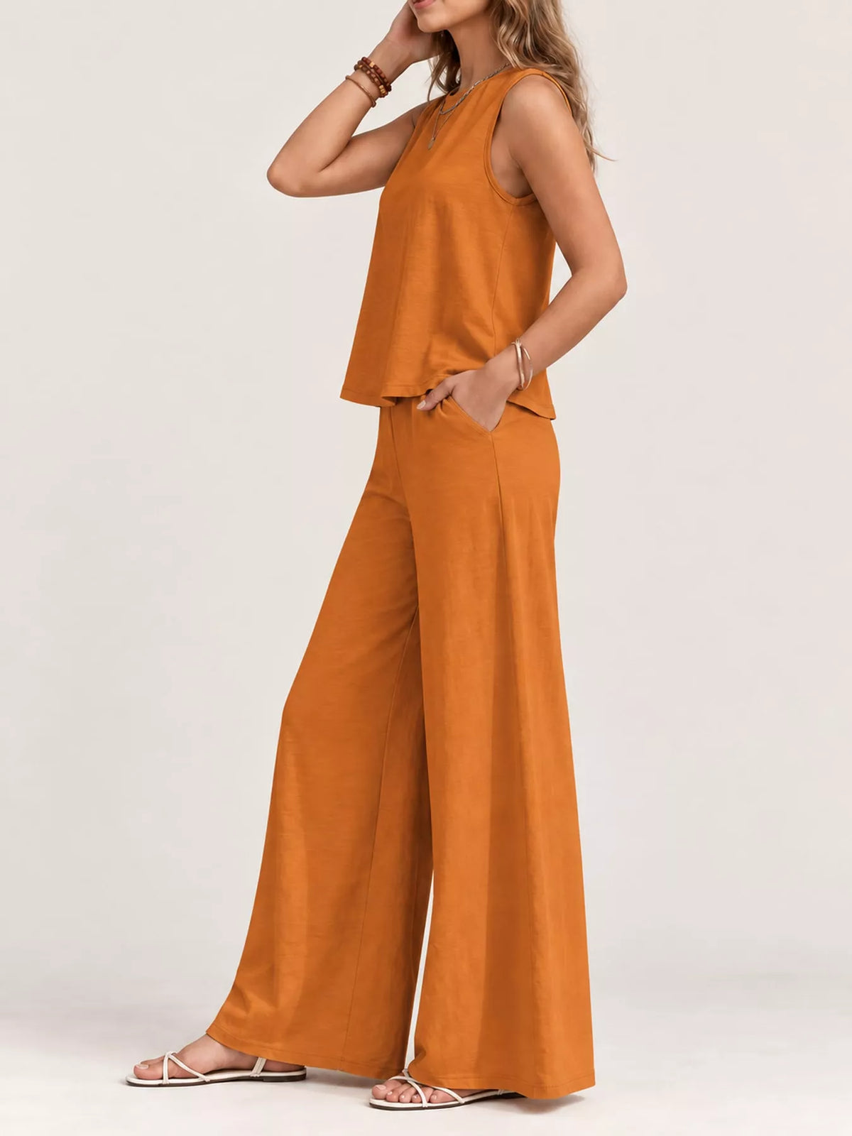 Sleeveless Tank Top and Wide-Leg Pants Set — side view