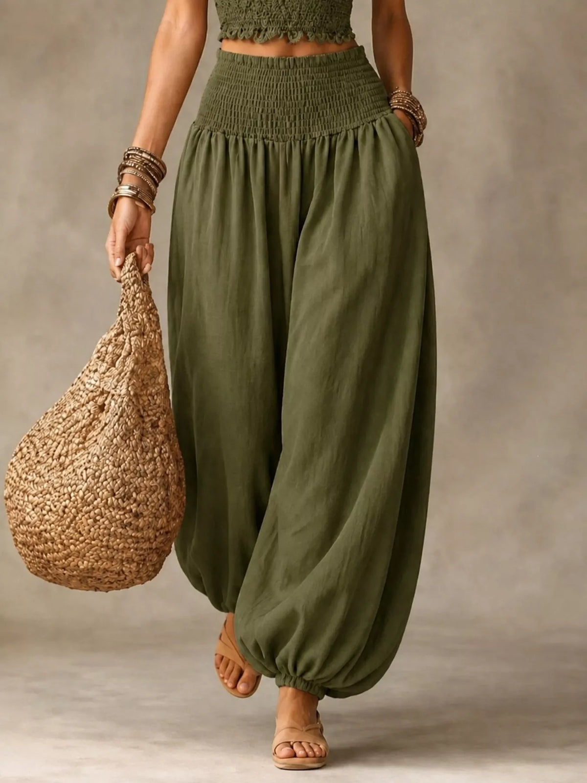 Women's Smocked Harem Pants in olive — front view