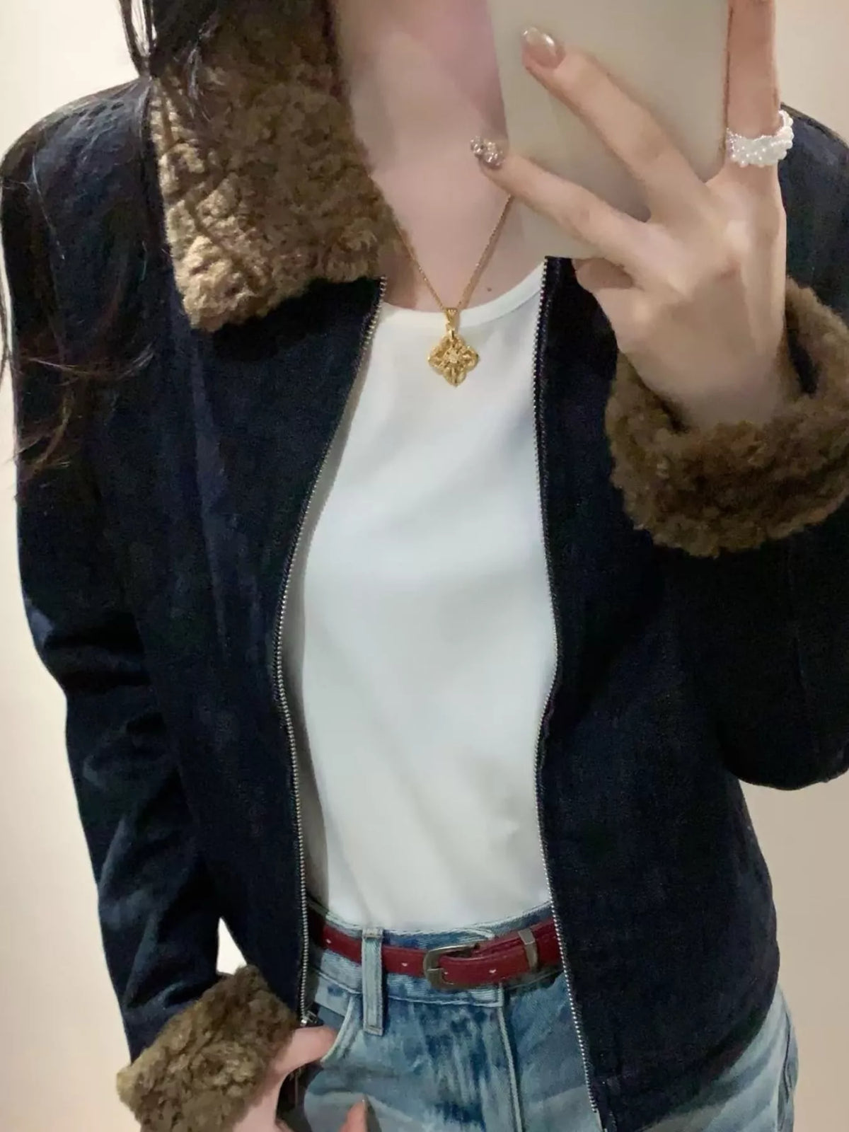 Sherpa Collar Zip-Up Denim Jacket — front view