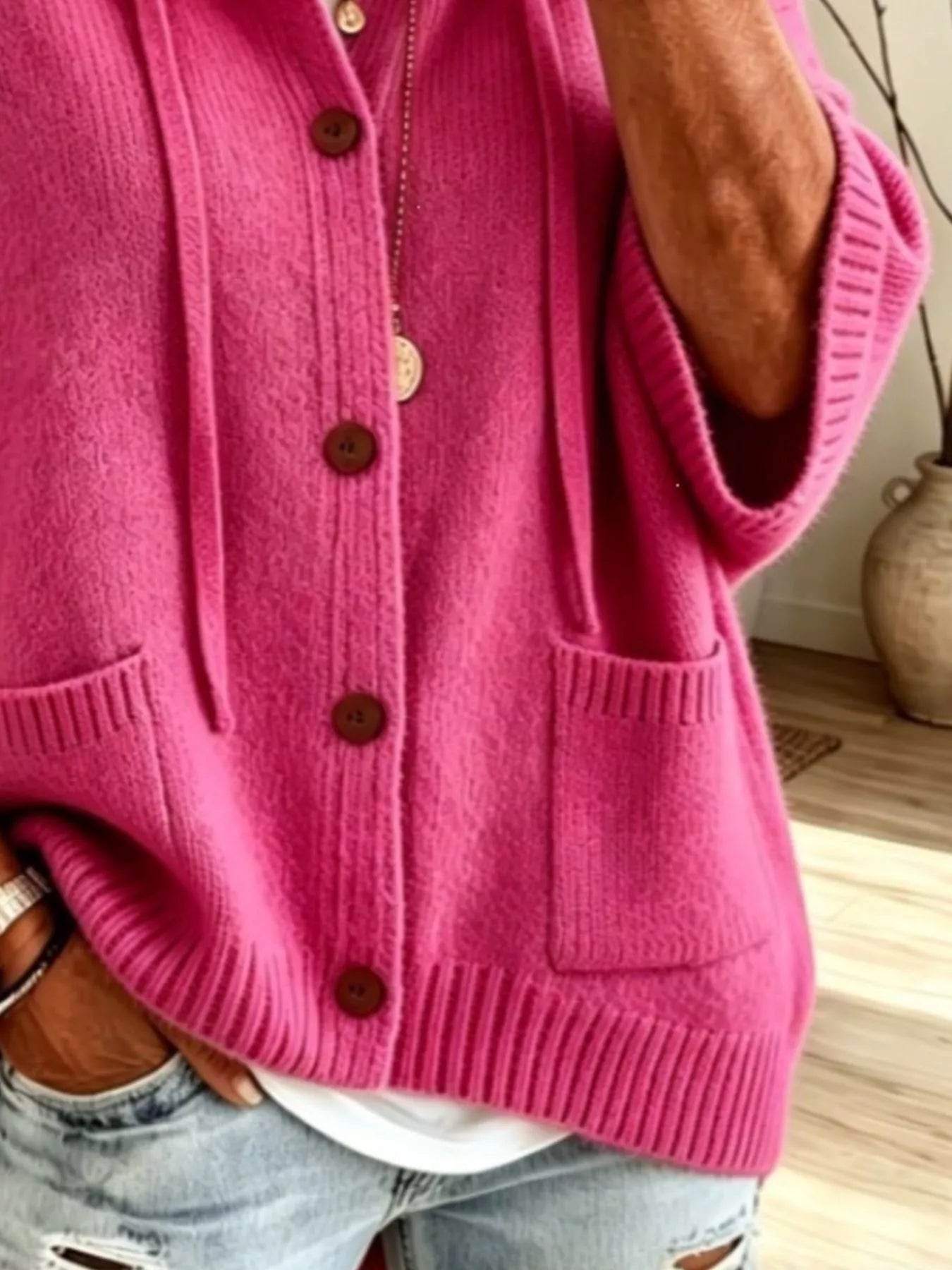 Trendsi Hooded Button-Down Knit Cardigan -