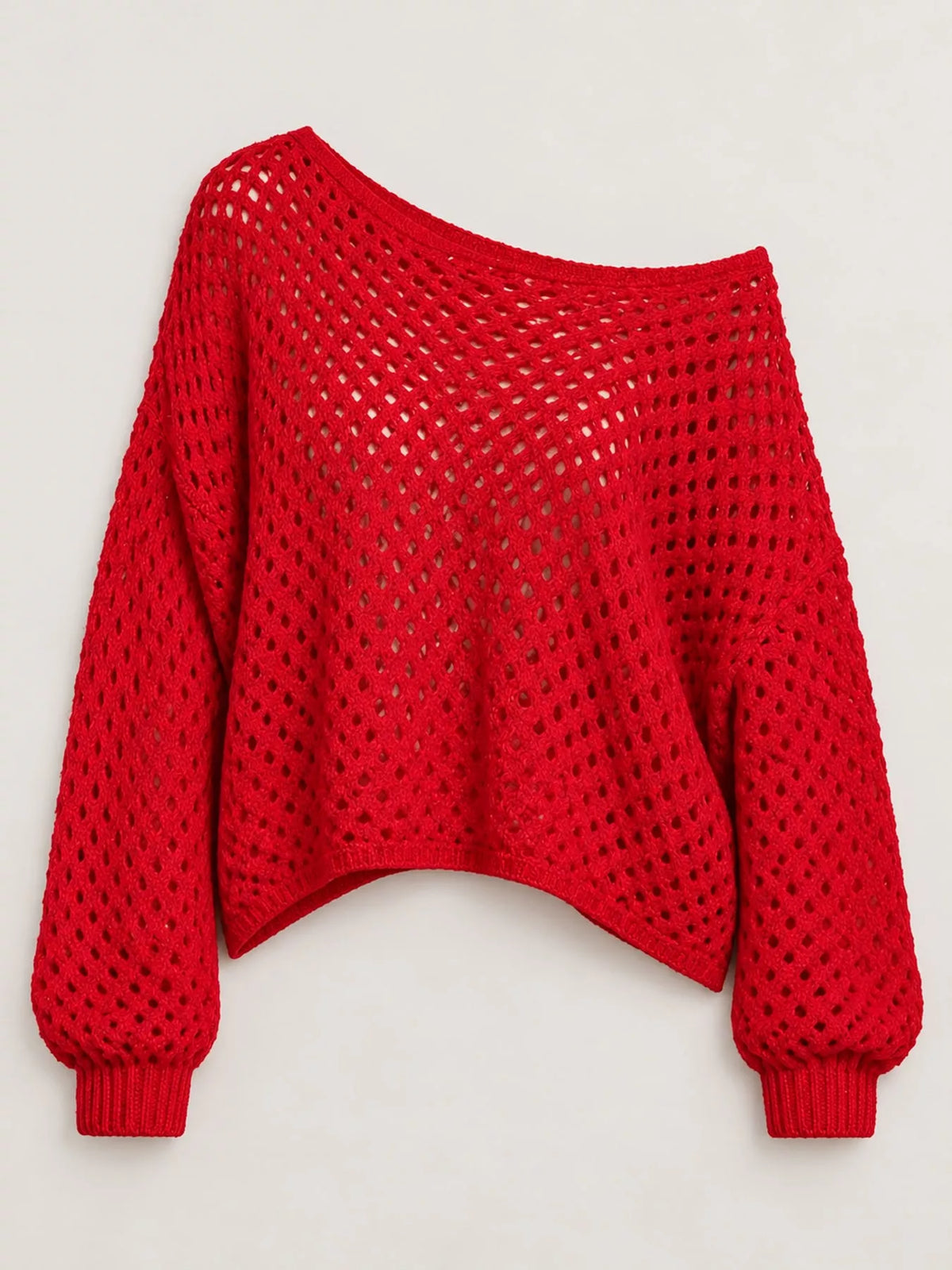 Red openwork boat neck knit cover-up, product view