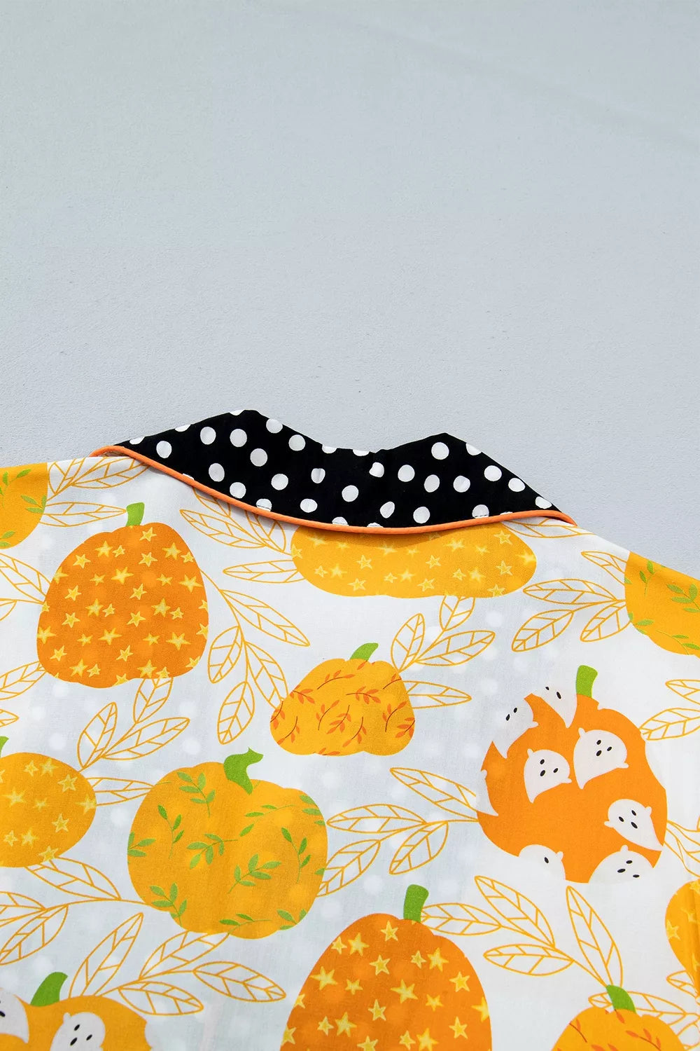 Trendsi Short Sleeve Pumpkin Print Polka Dot Trim Pocket Placket Lounge Set -
