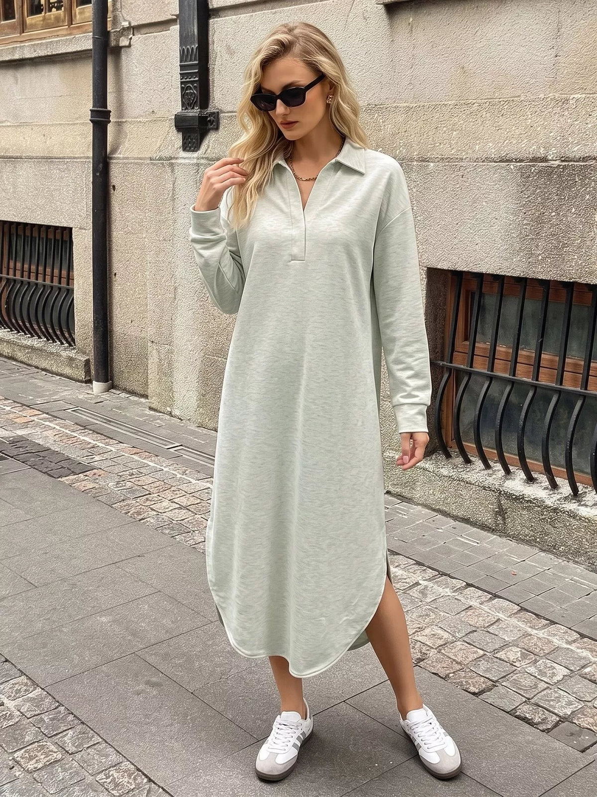 Light gray polo-collar midi dress, front view
