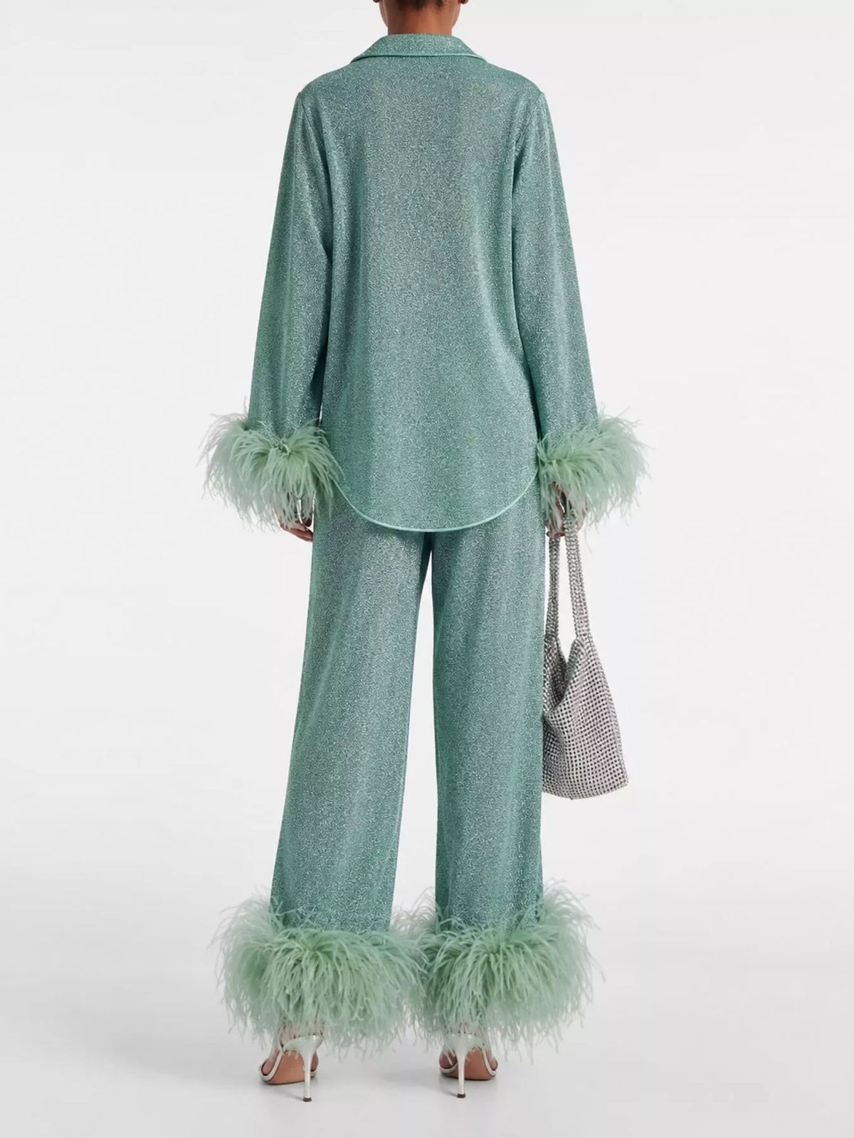 Teal feather-trimmed top and wide-leg pants set — back view