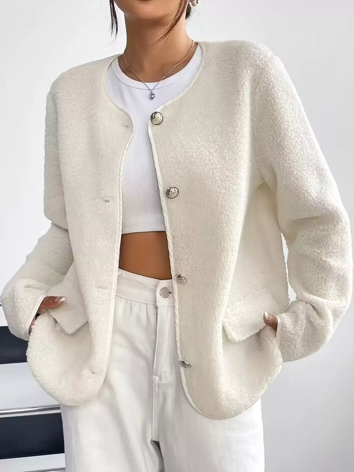 White textured button-front jacket — front view