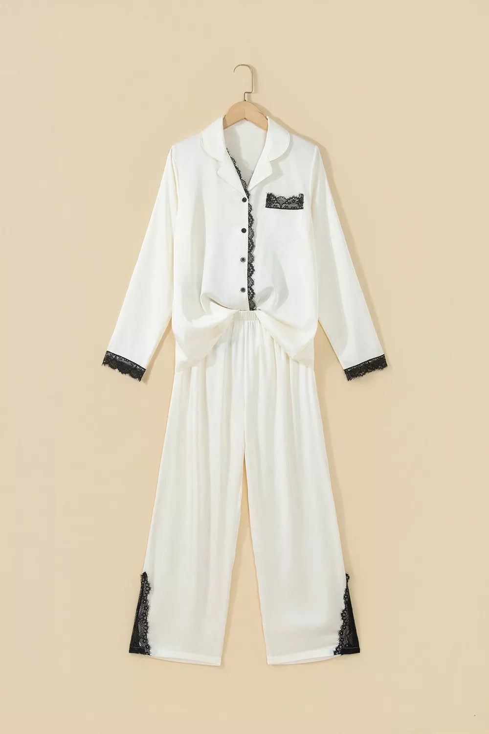 Ivory lace-trim button-front pajama set, complete set on hanger.