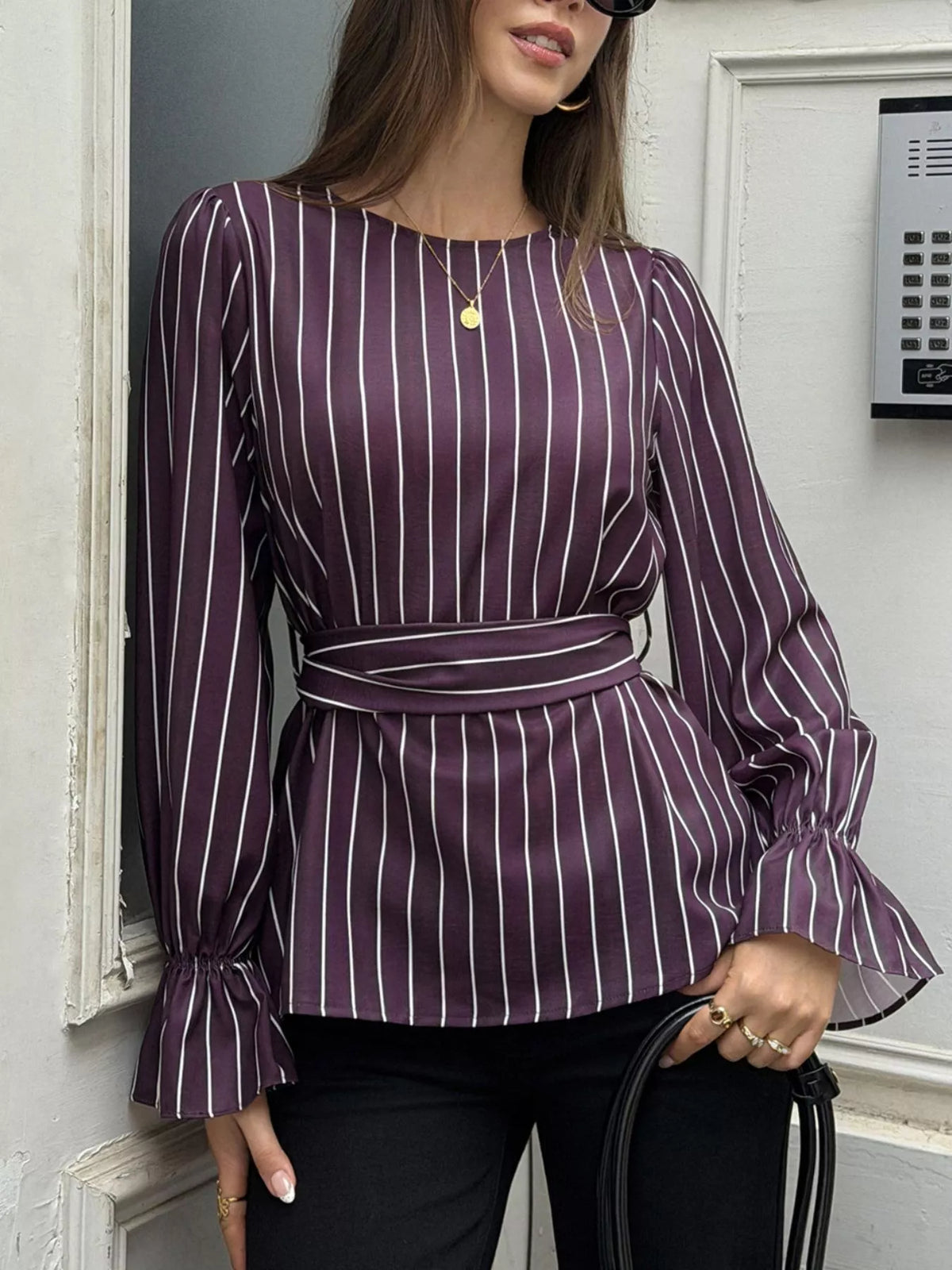 Striped Flounce Sleeves Blouse in purple striped, front view