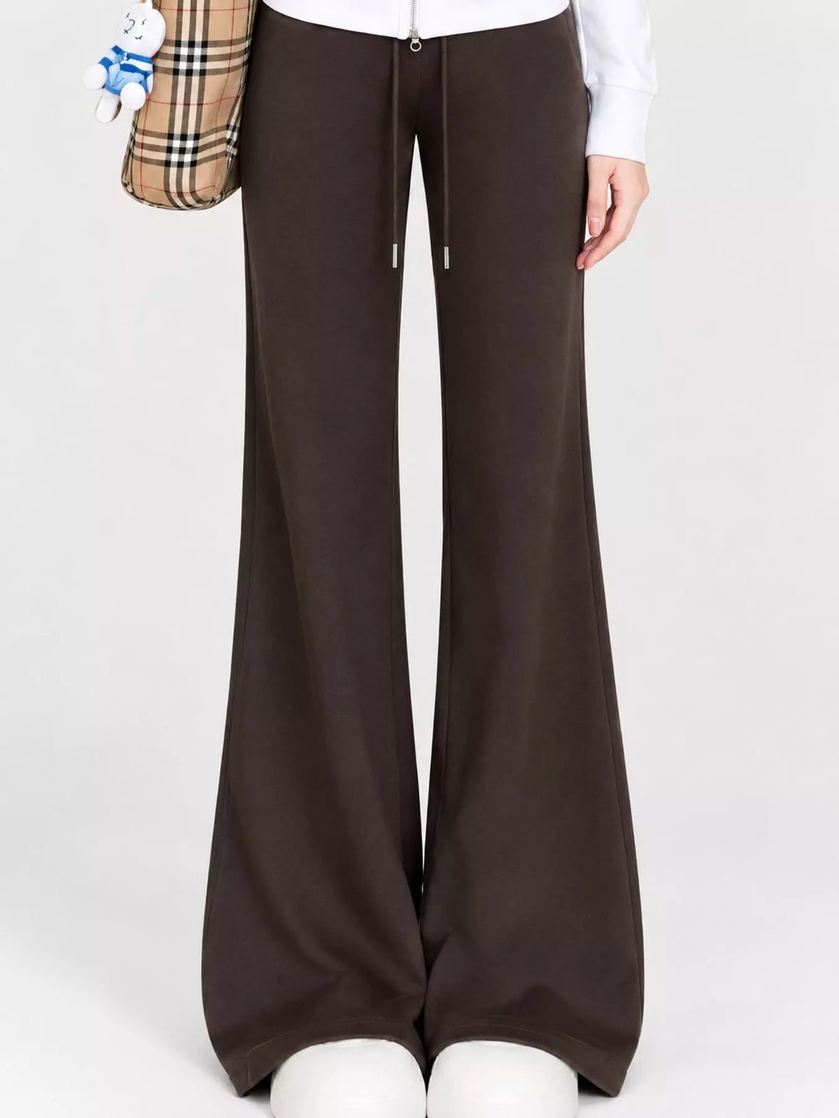 Brown high waisted wide leg drawstring pants, front view