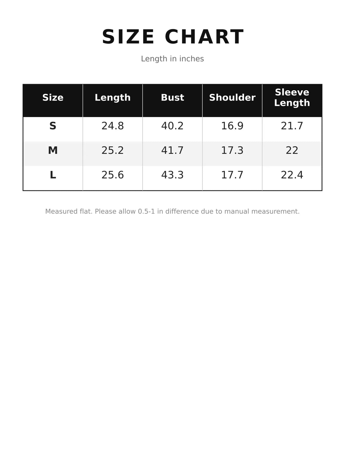 Size chart for women's lapel blazer